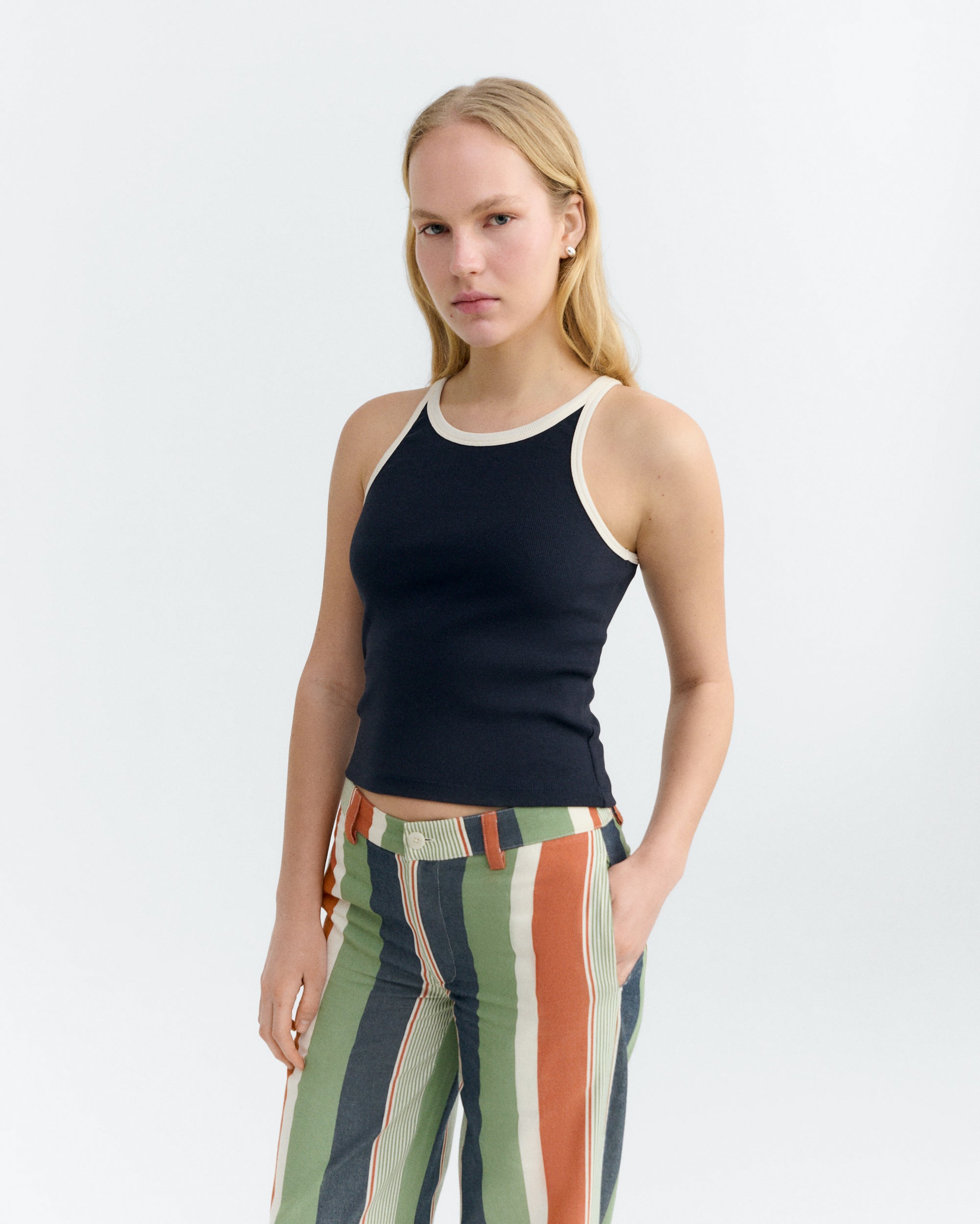 Thinking MU Top Harriet Marineblauw Wit Contrast