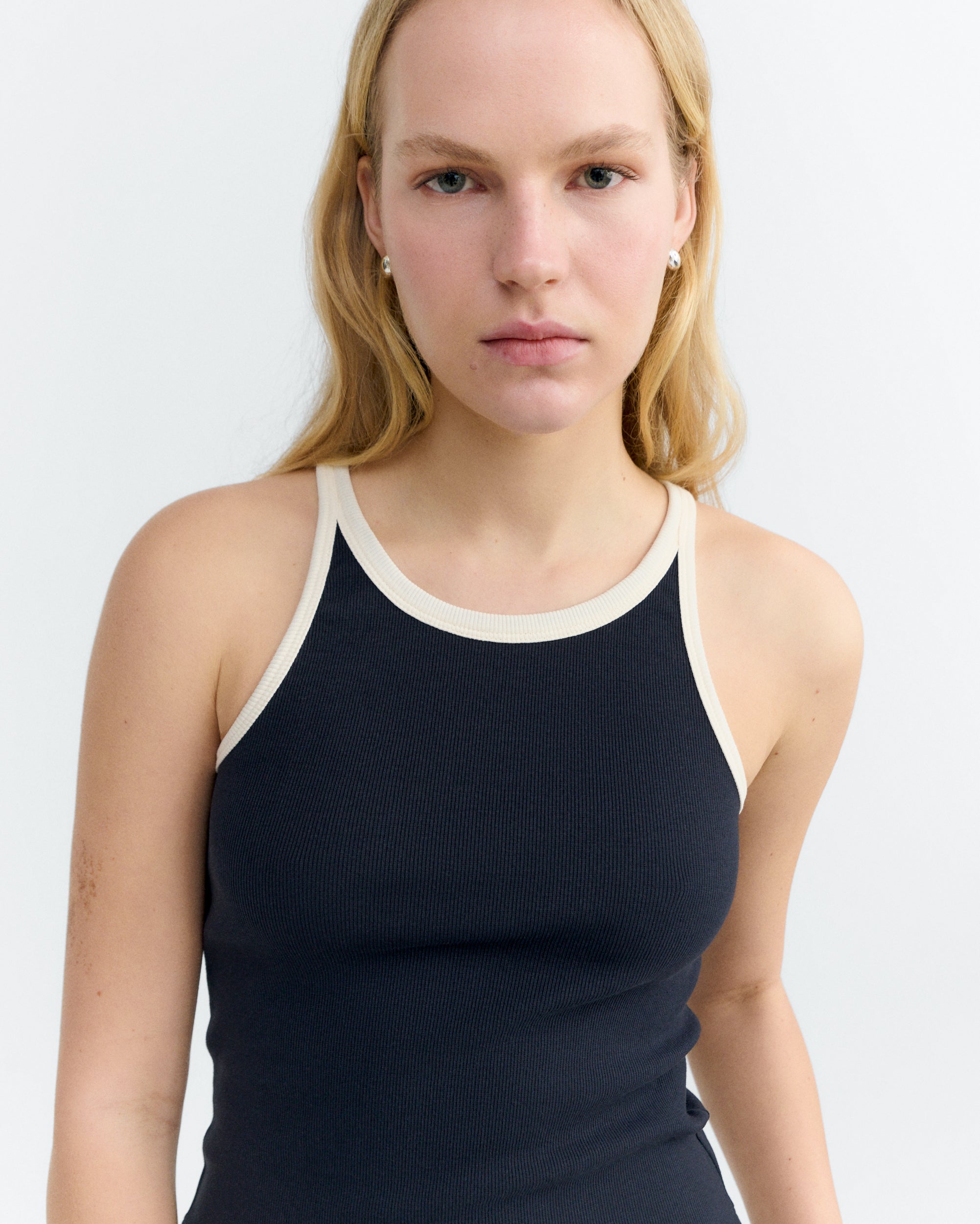 Thinking MU Top Harriet Marineblauw Wit Contrast