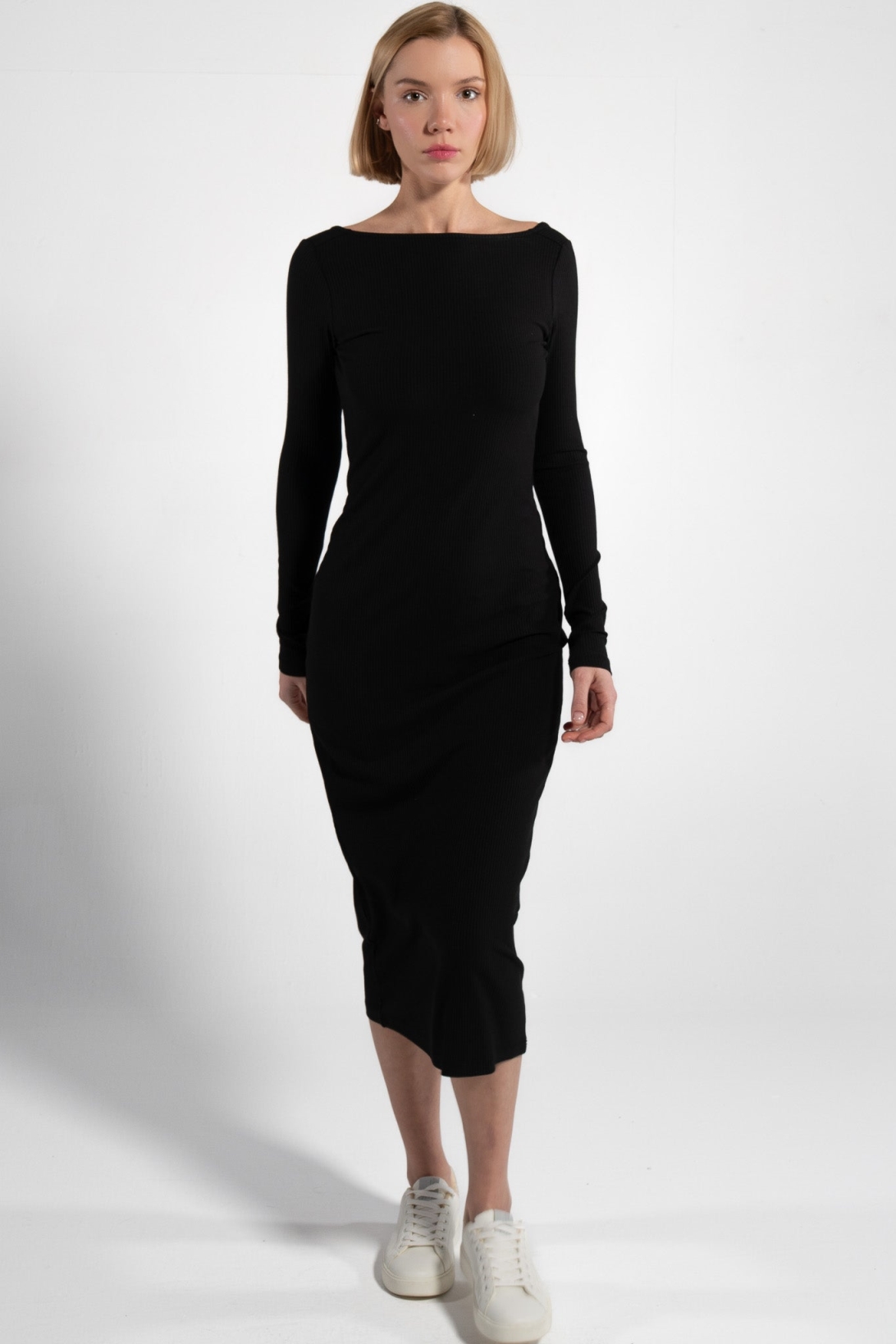 GORG Damen vegan Kleid Langarm Gerippt Schwarz