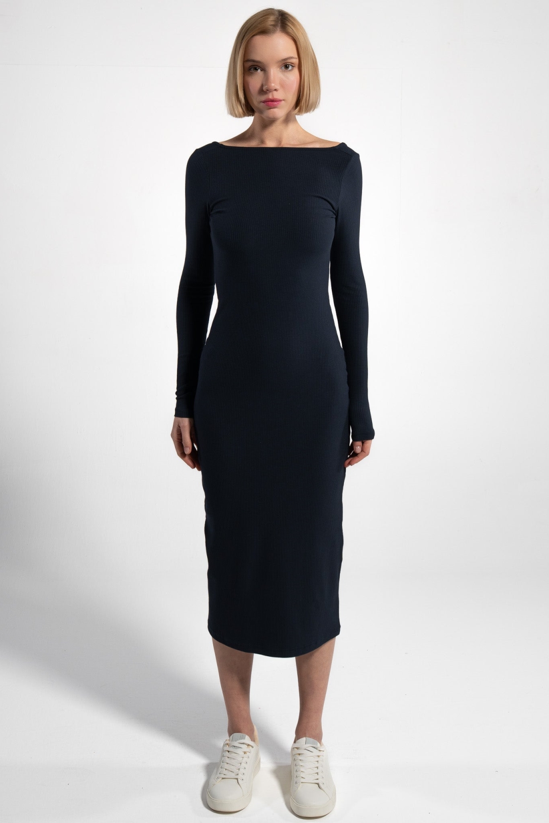 GORG Damen vegan Kleid Langarm Gerippt Navy