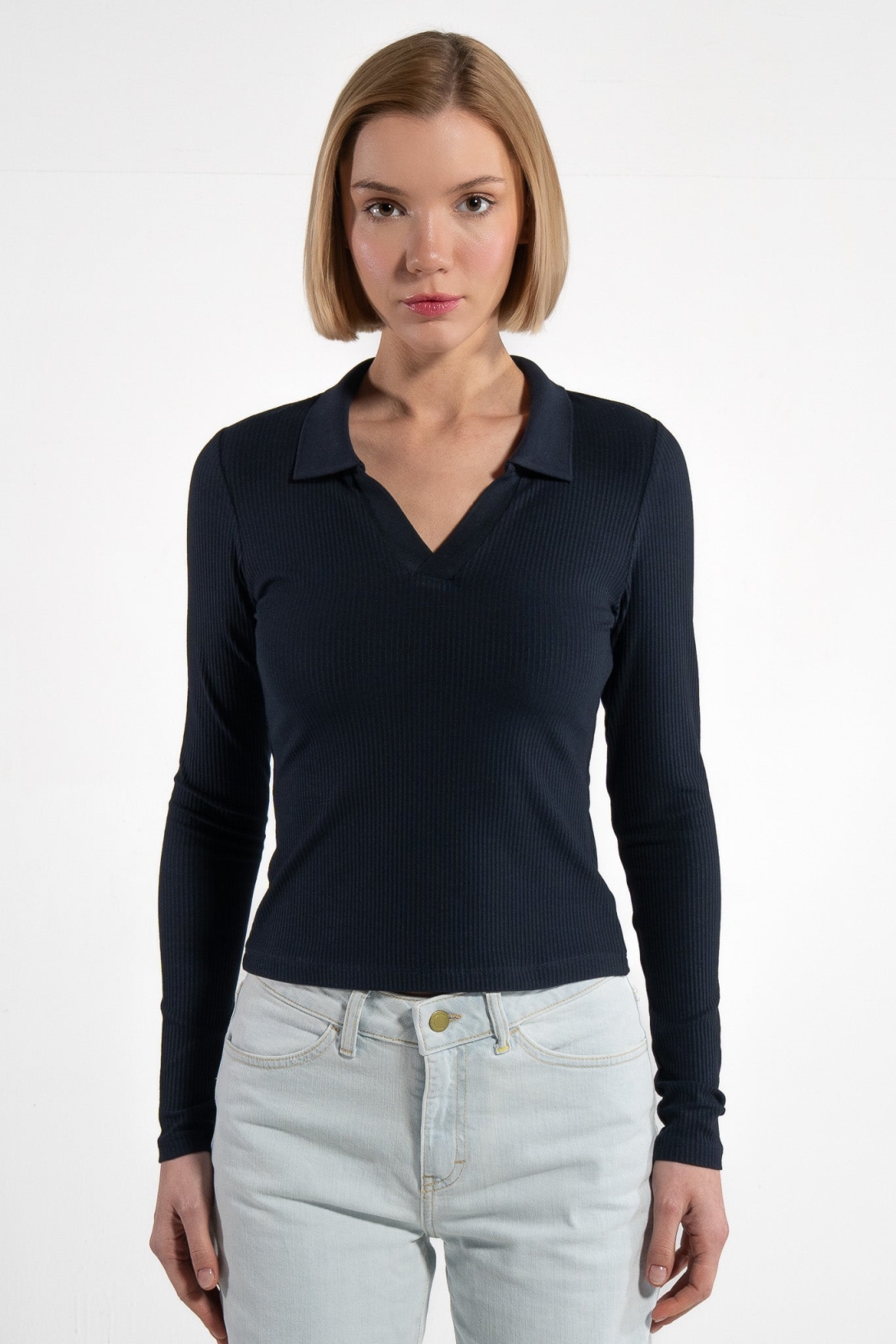 GORG womens vegan Top Long Sleeve Ribbed Navy