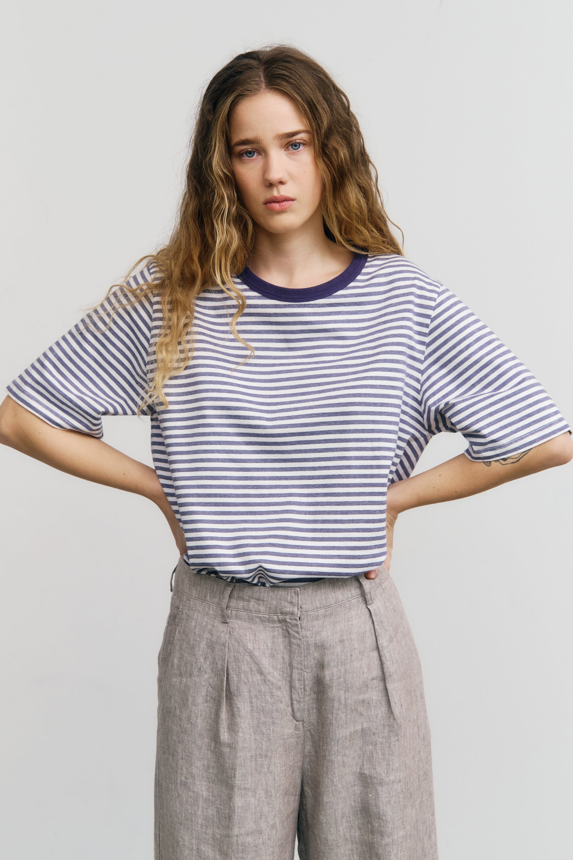 Image of Rotholz dames vegan T-Shirt Met Blauwe Strepen