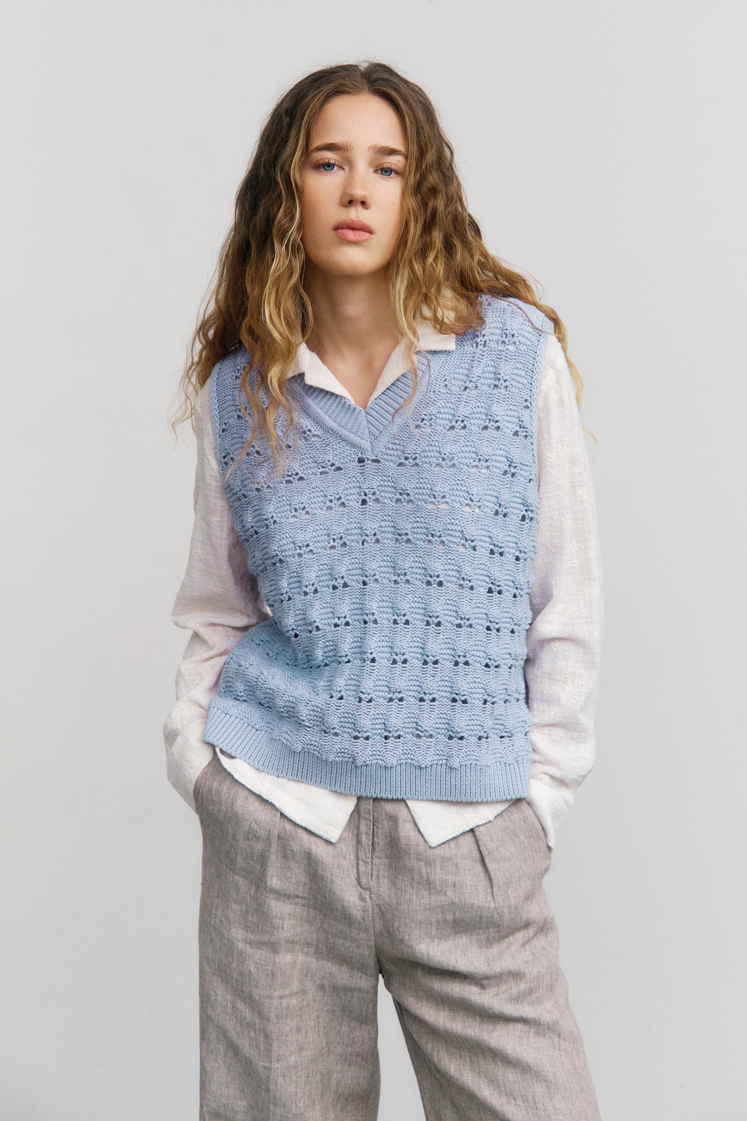 Image of Rotholz dames vegan Gebreid Vest, Wijd, Zachtblauw