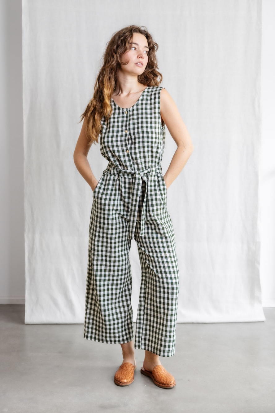Image of Jyoti Fair Works dames vegan Jumpsuit Daksha Met Ruitjespatroon Groen/Wit