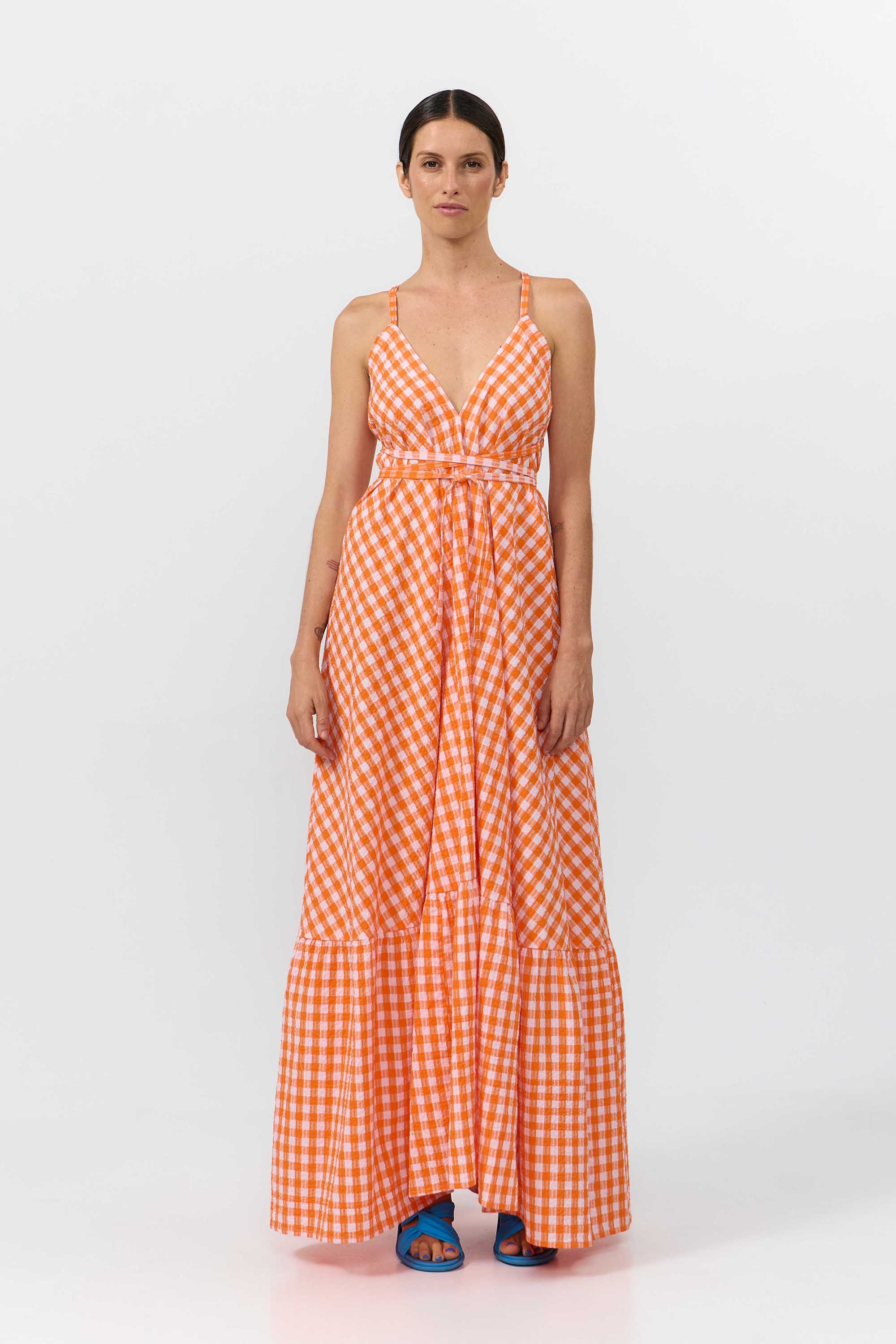 Image of SUITE13LAB dames vegan Jurk Mp Long Geruit Oranje