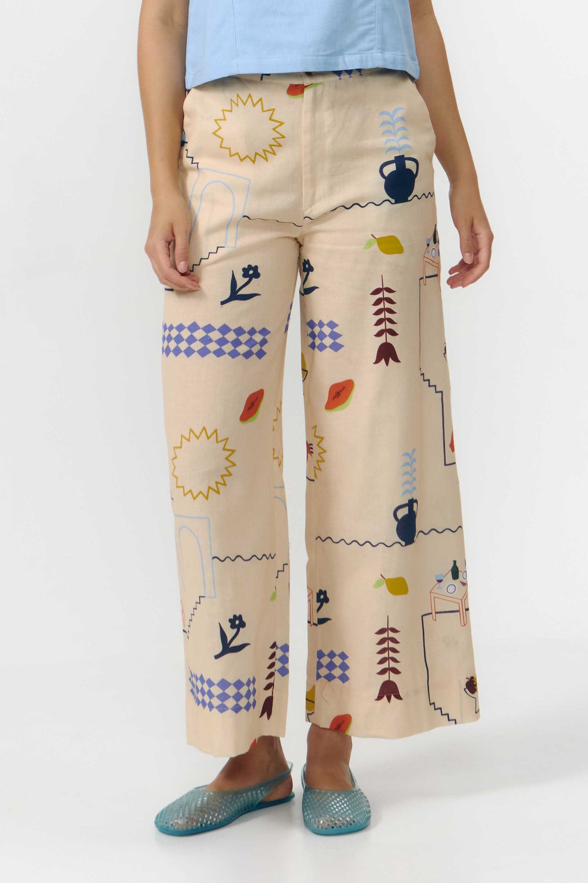 Image of SUITE13LAB dames vegan Broek Ulla Print Holiday Beige