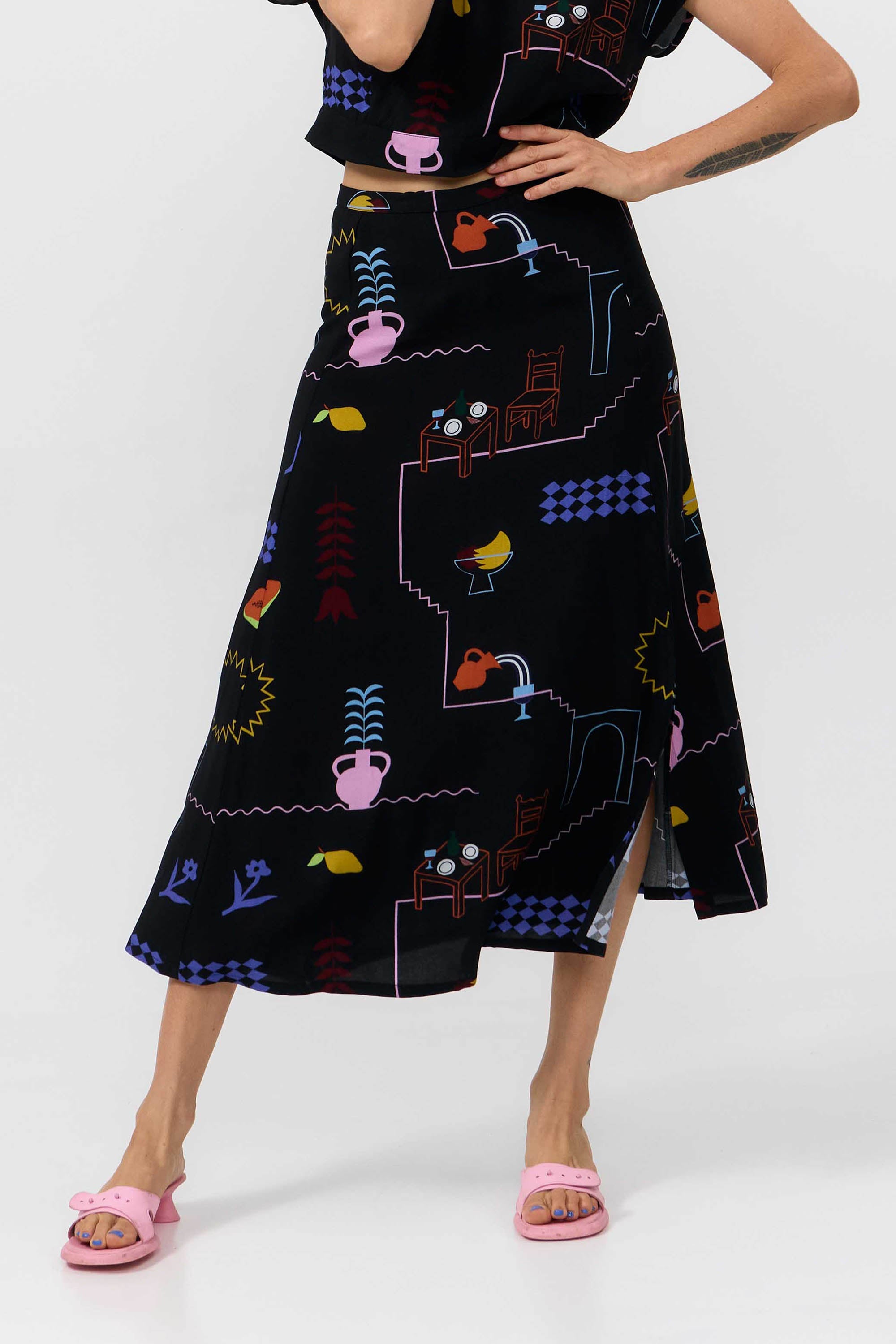 Image of SUITE13LAB dames vegan Rok Met Borneo-Print, Feestelijk, Zwart