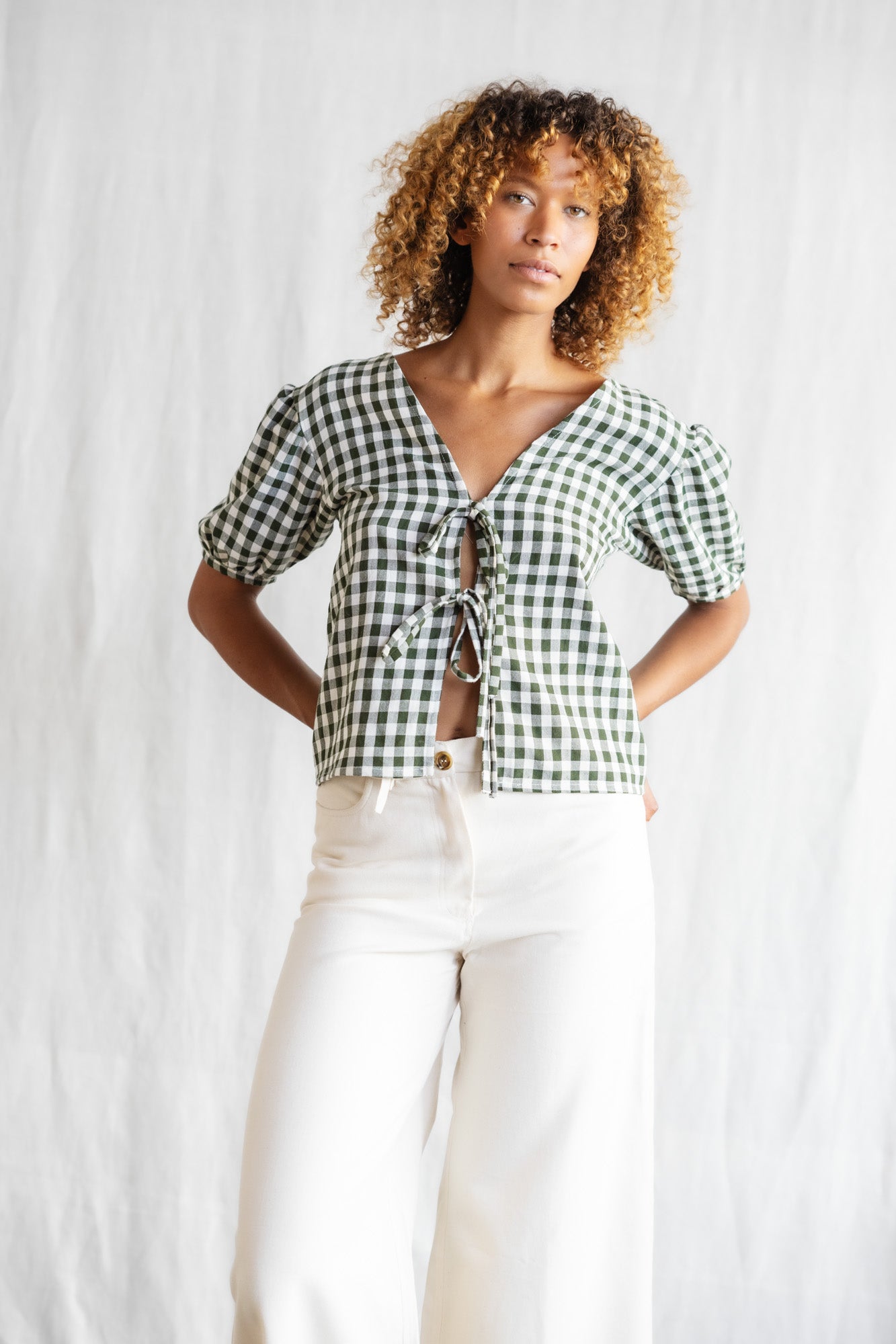 Image of Jyoti Fair Works dames vegan Blouse Kalira Geruit Groen/Wit