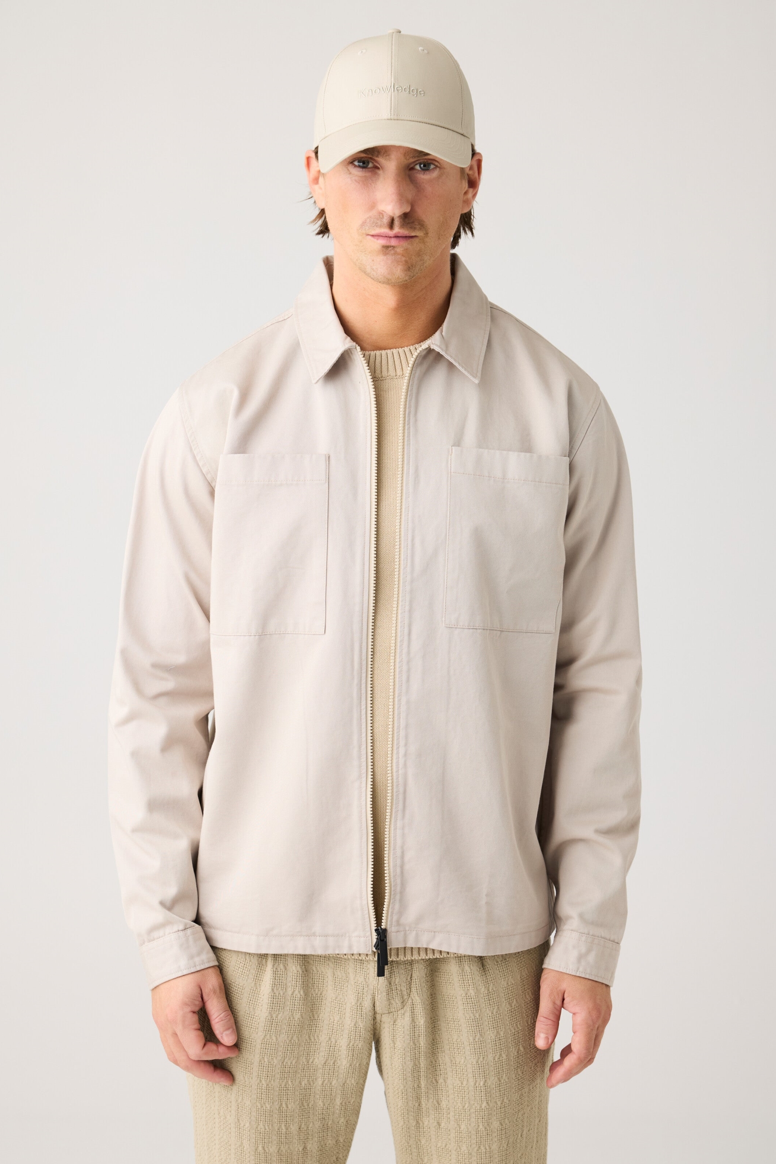 Image of KnowledgeCotton Apparel mannen vegan Overhemd Met Rits, Keperstof, Lichtgrijs