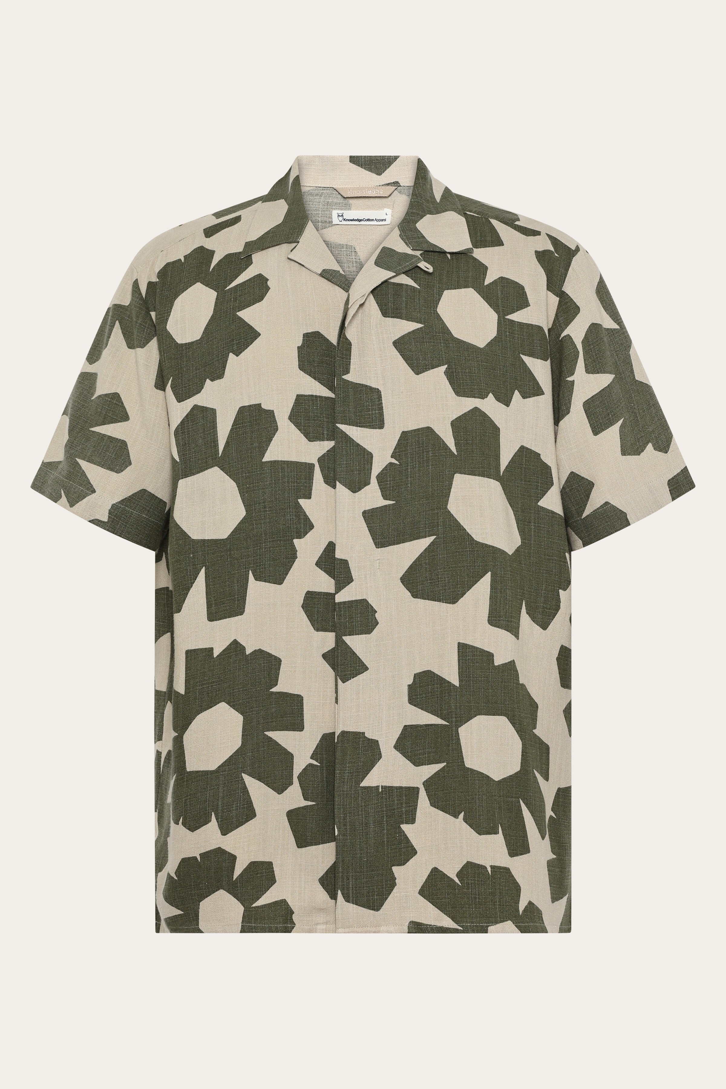 Image of KnowledgeCotton Apparel mannen vegan Shirt Met Korte Mouwen, Relaxed Model, Linnenmixprint, Groen