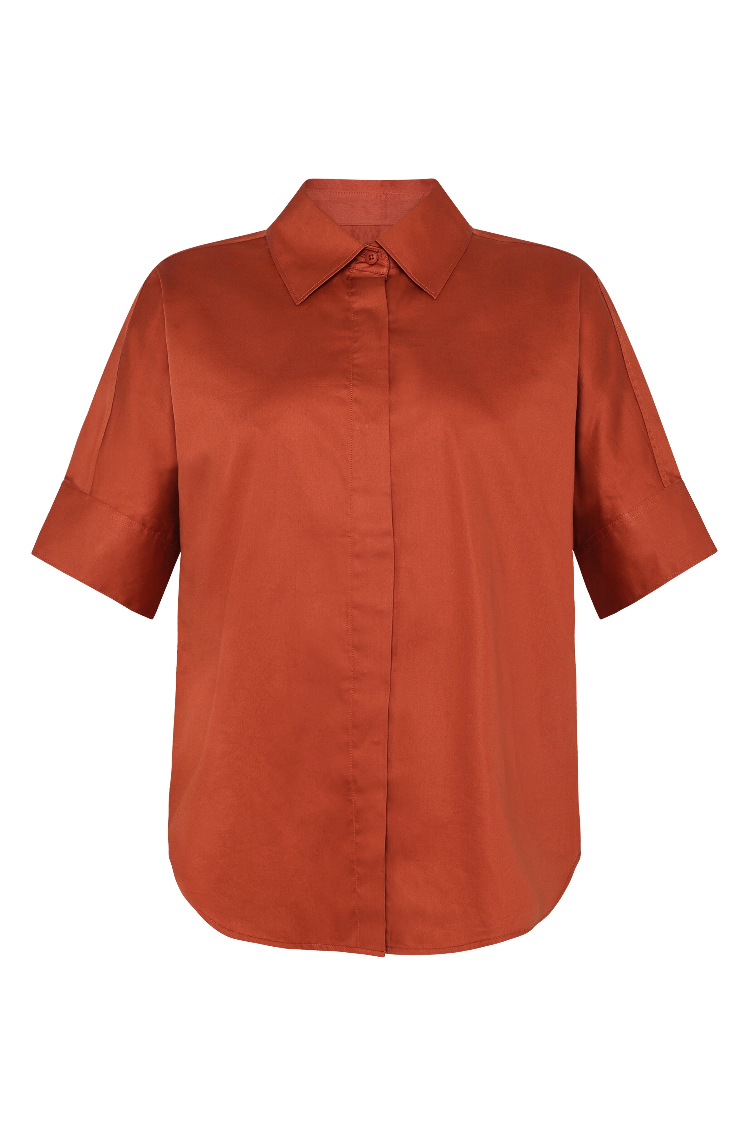 Image of KnowledgeCotton Apparel dames vegan Overhemd Met Korte Mouwen, Islet Regular, Satijn, Gebrande Baksteenrood