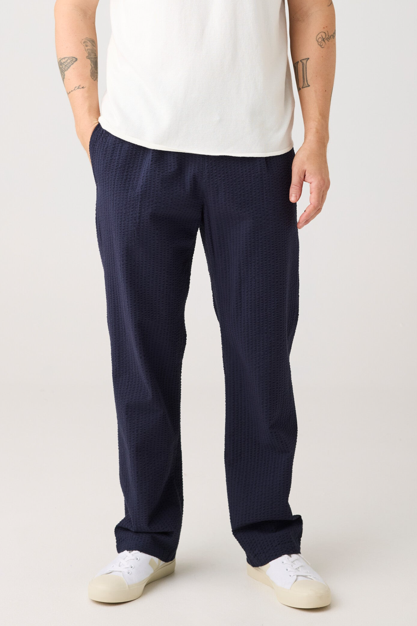 Image of KnowledgeCotton Apparel mannen vegan Broek Fig Loose Seersucker Night Sky