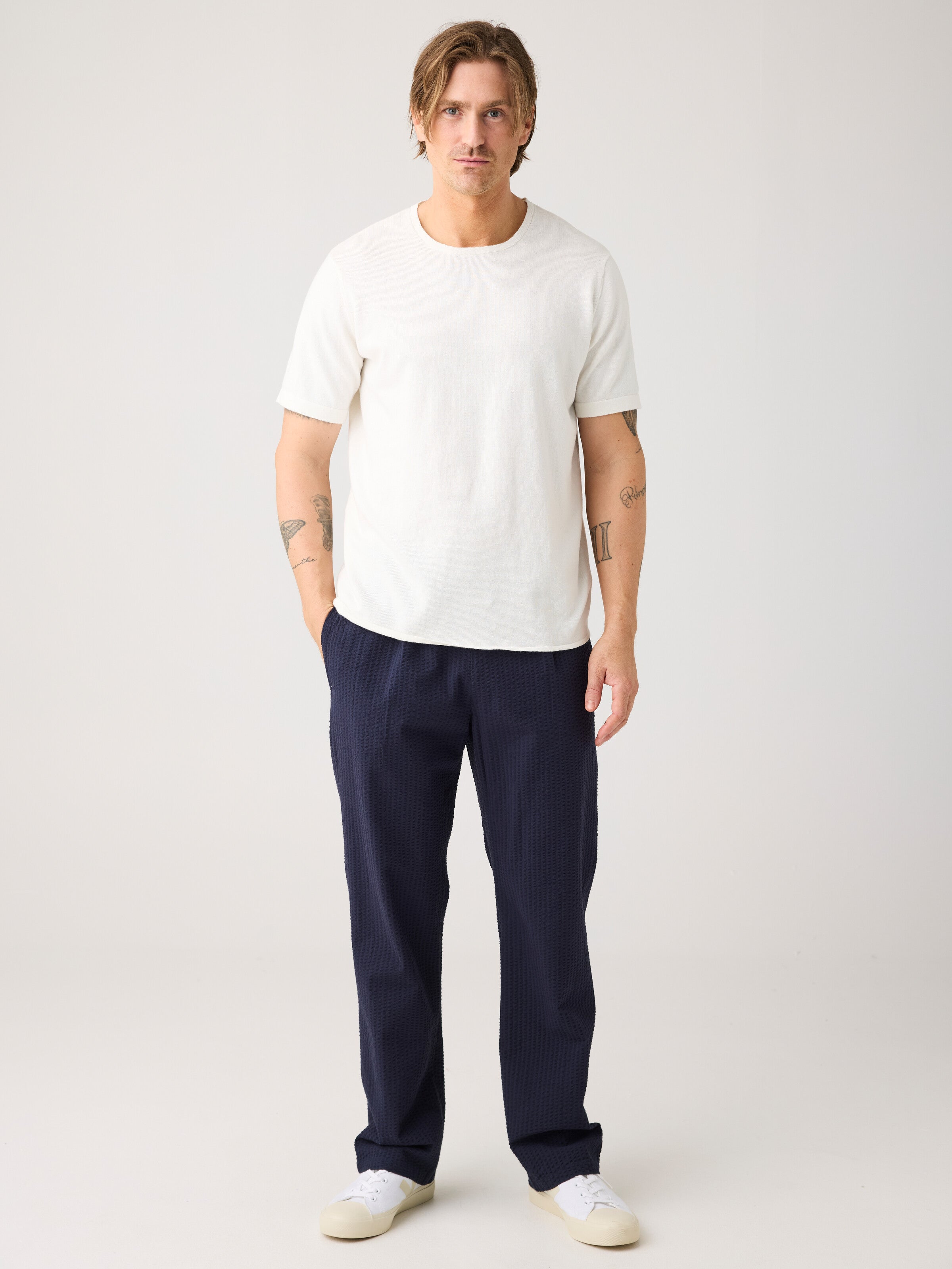 KnowledgeCotton Apparel men vegan Pants Fig Loose Seersucker Night Sky