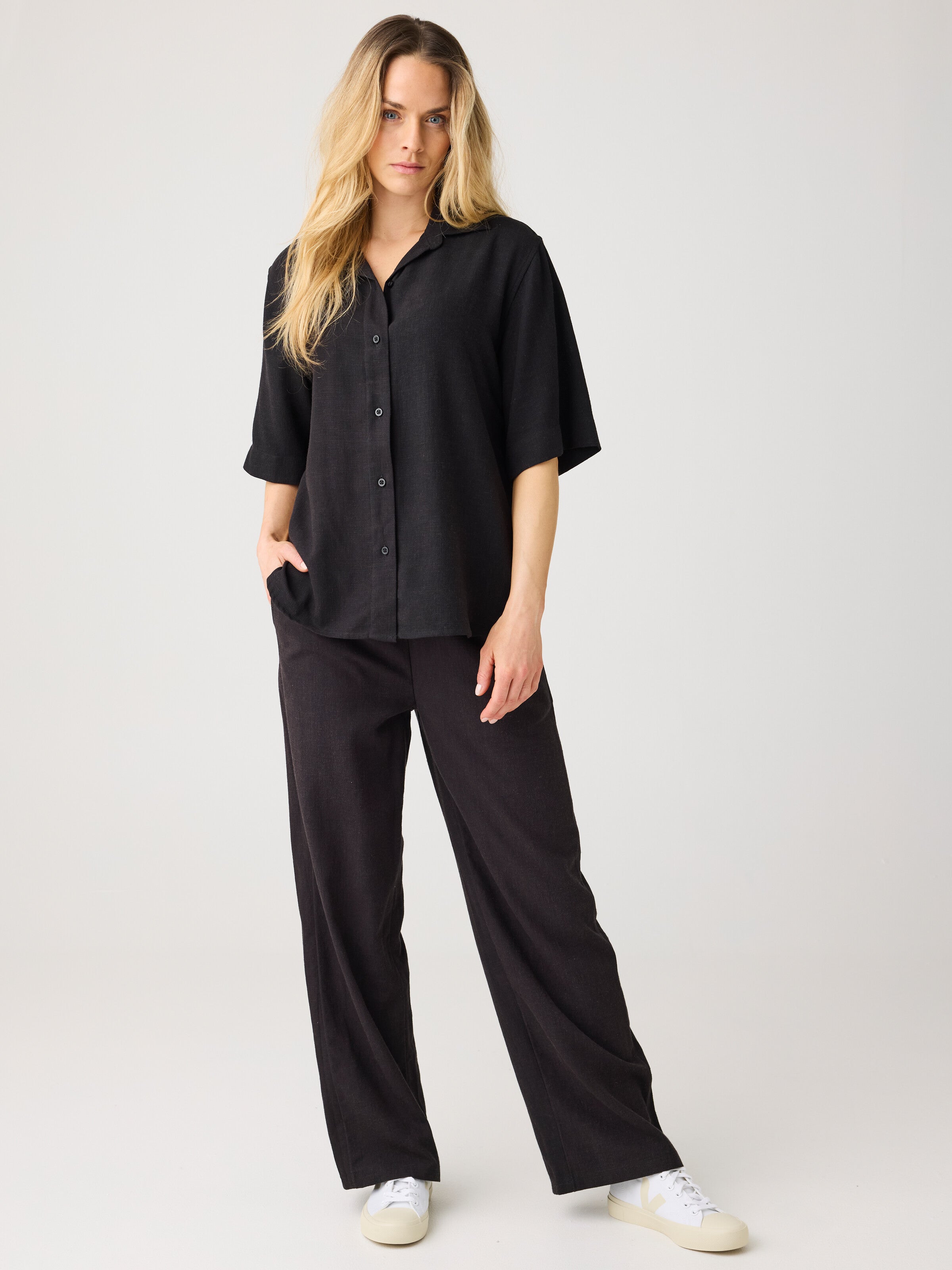 KnowledgeCotton Apparel womens vegan Pants Posey Wide Linen Mix Black Jet