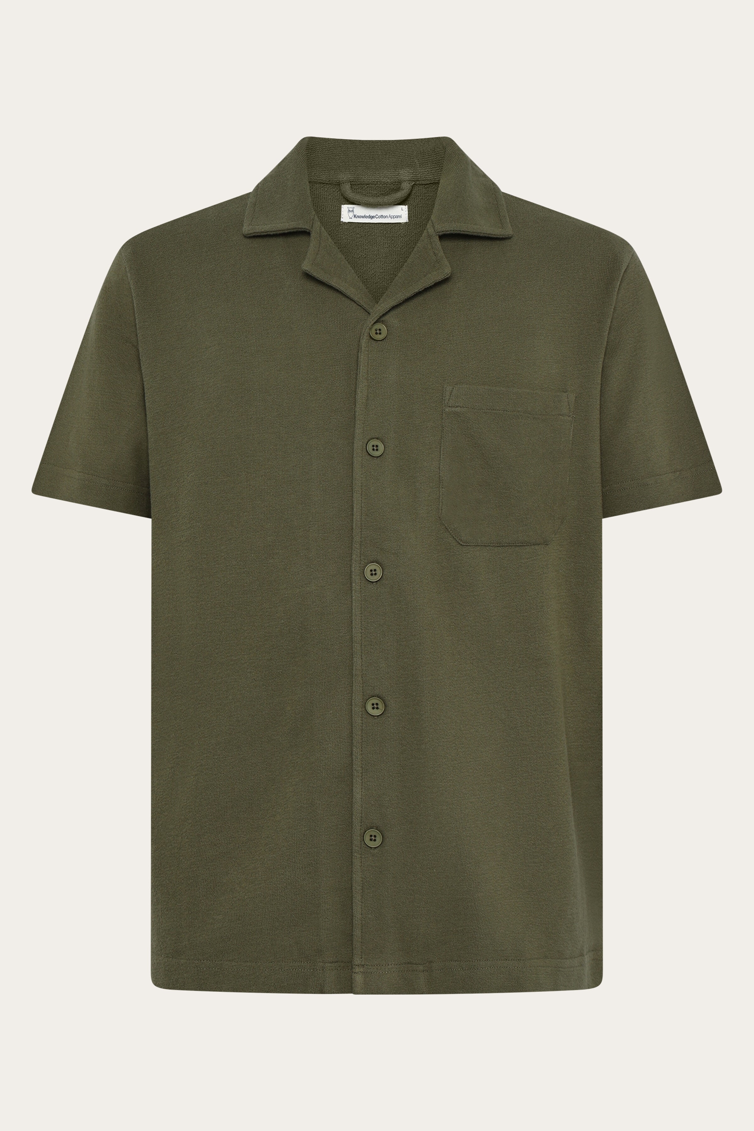 Image of KnowledgeCotton Apparel mannen vegan Overhemd Met Korte Mouwen, Relaxed Model, BouclÃ©, Gebrande Olijfgroen