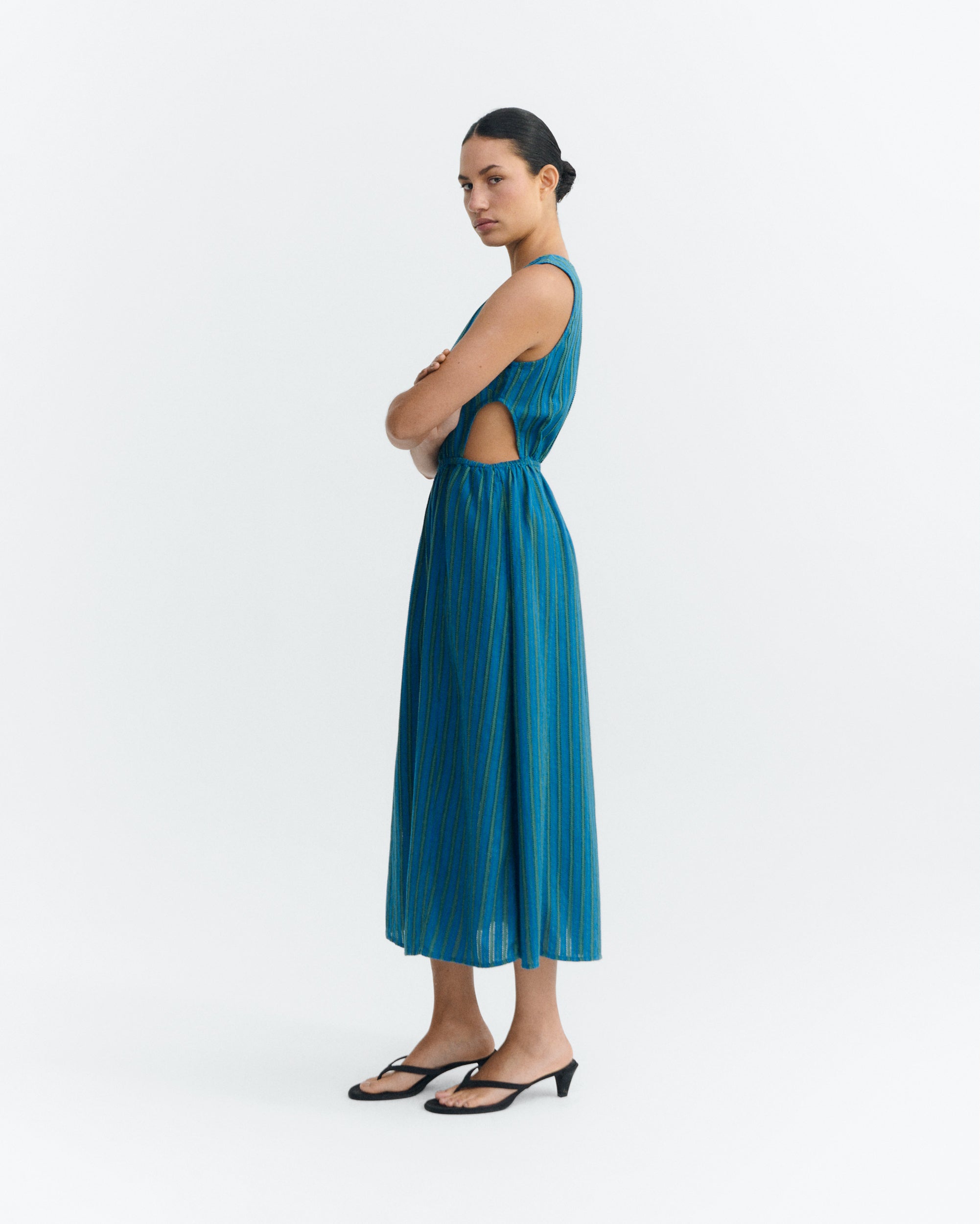 Thinking MU womens vegan Midi Dress Kin Windsor Stripes Blue