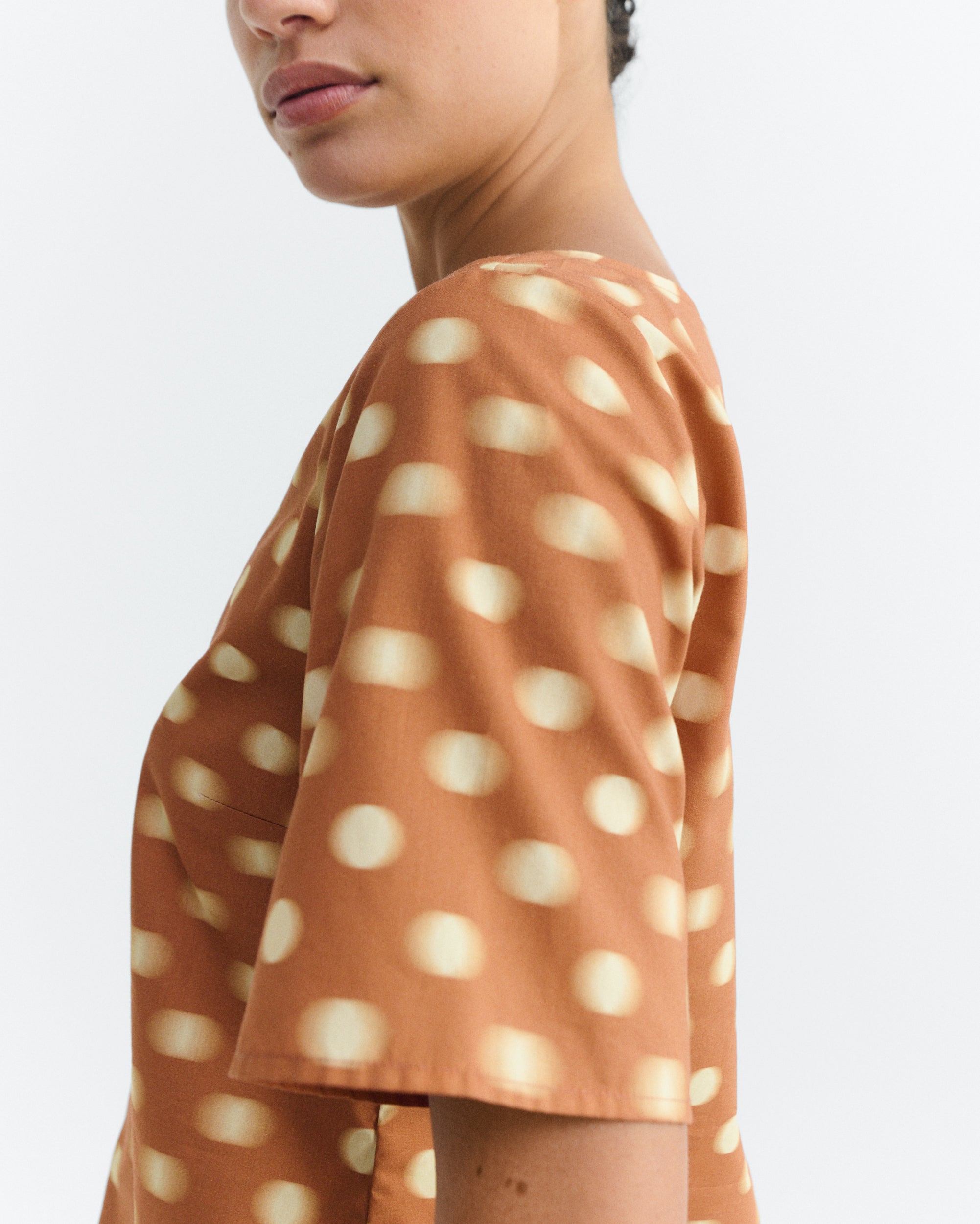 Thinking MU womens vegan Blouse Leia Brown Polka Dots