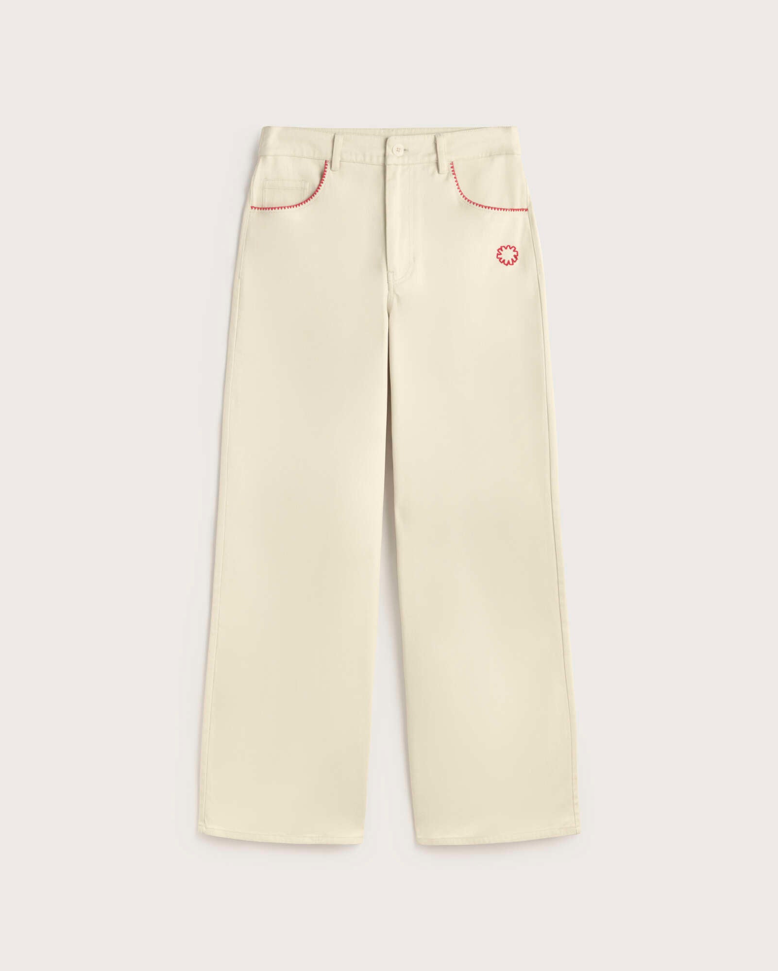 Thinking MU Hedda Handgeborduurde Broek Met Wijde Pijpen In Ecru