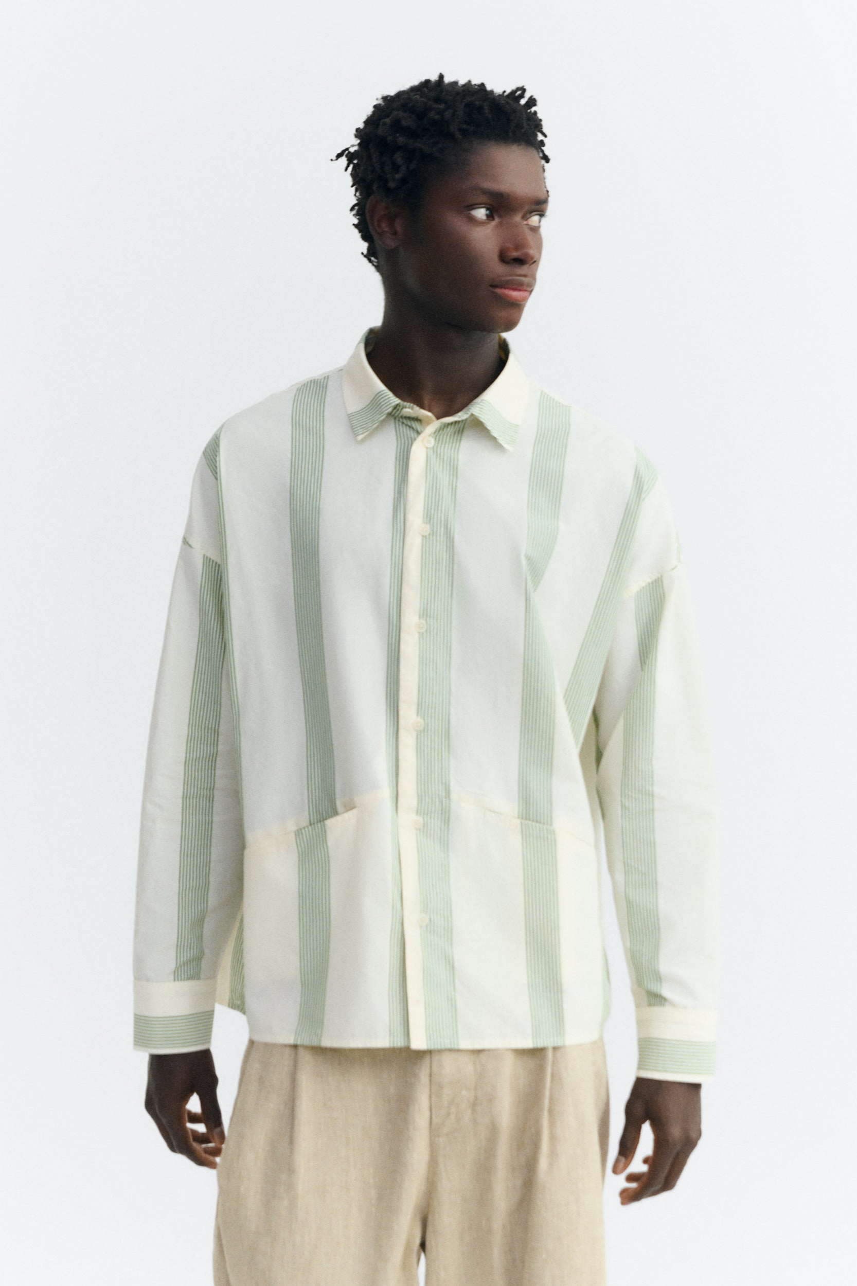 Image of Thinking MU mannen vegan Overhemd Jim Poplin Gestreept Groen