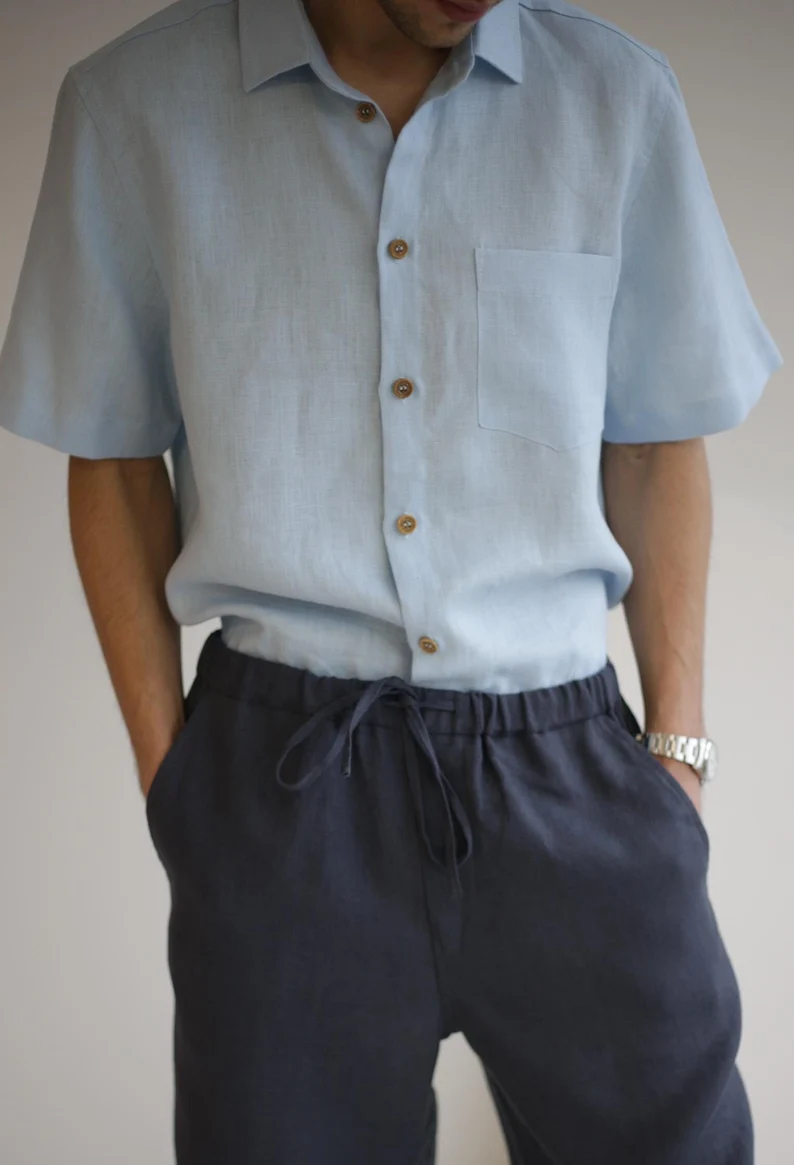 Amber Linen men vegan Shirt Cuba Sky Blue