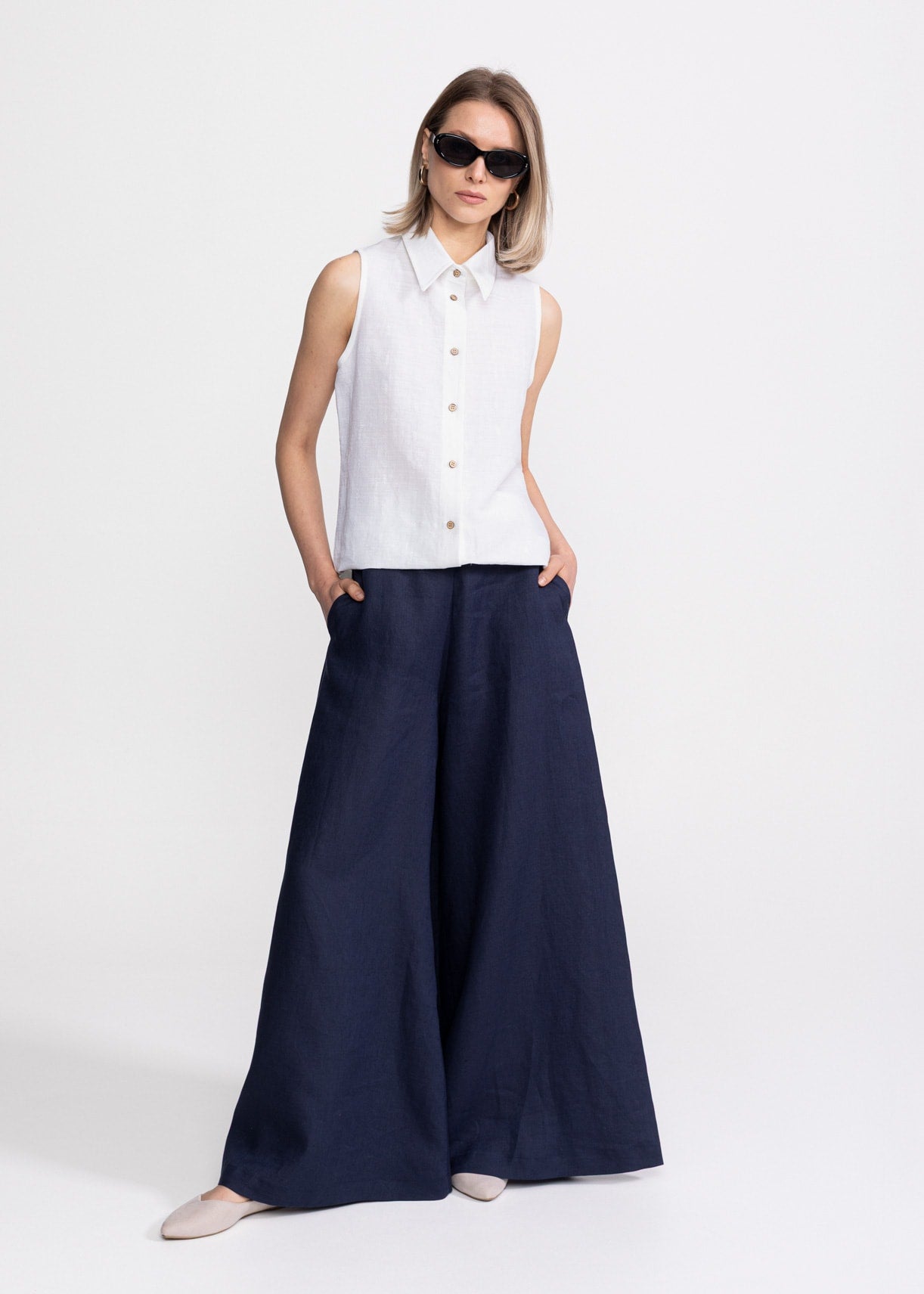 De IONESCU womens vegan Pants Palazzo Linen Navy Blue