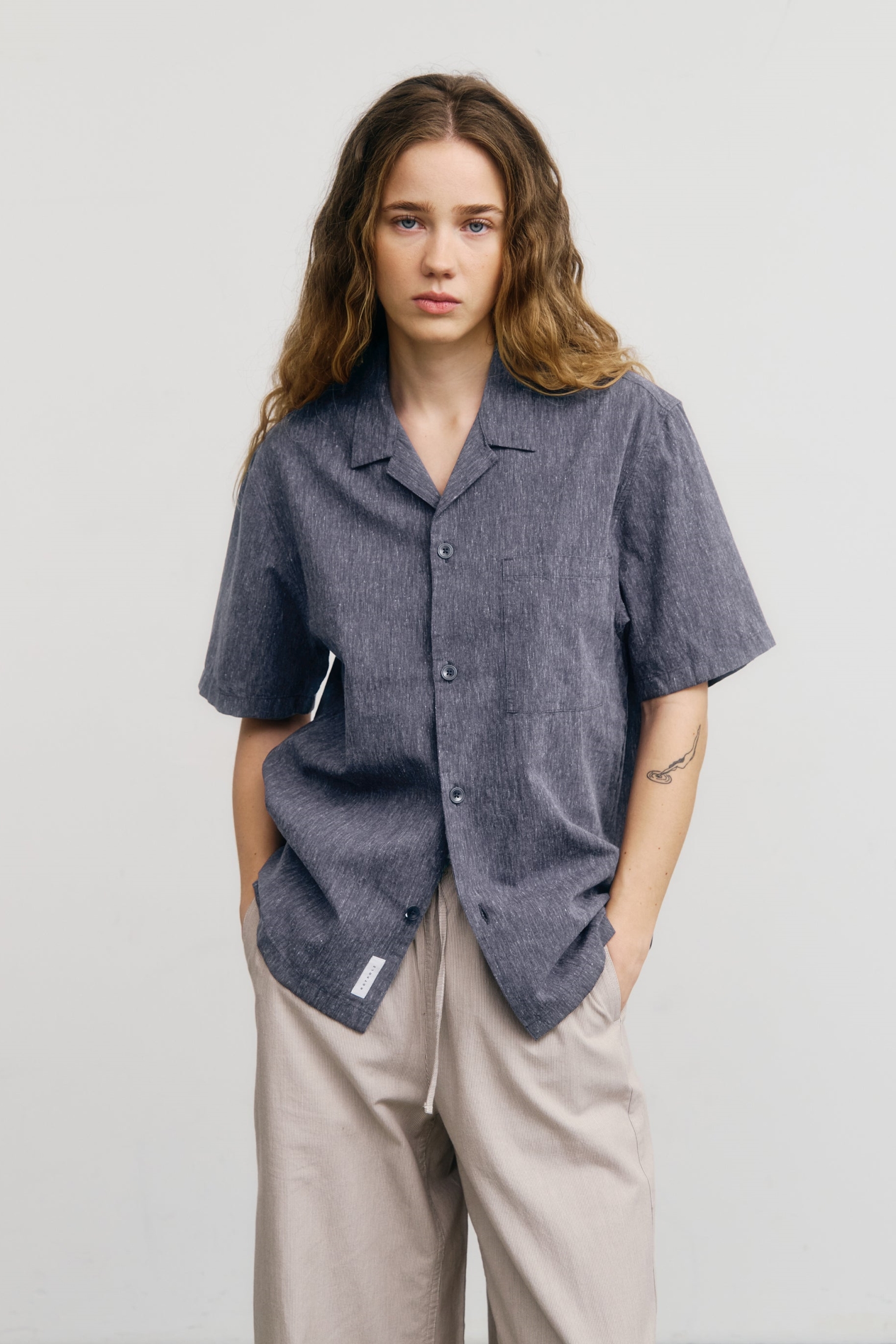 Image of Rotholz dames vegan Bowlinghemd Melange Gespikkeld Marineblauw