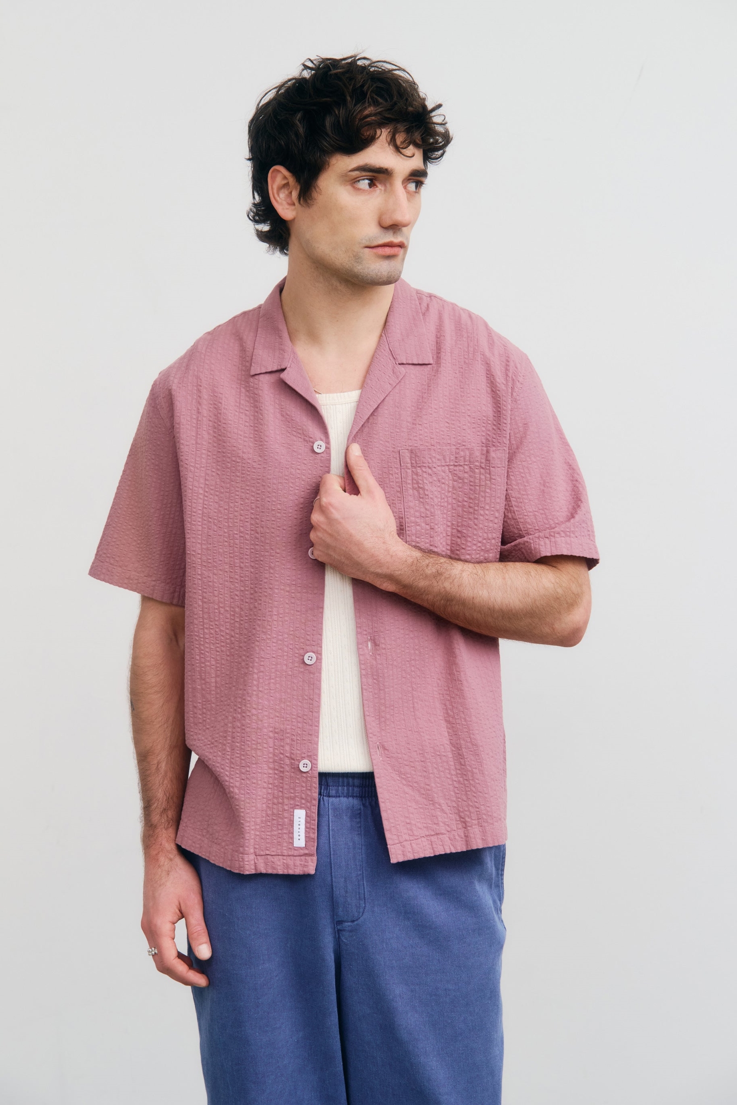 Rotholz Herren vegan Hemd Seersucker Bowling Pink