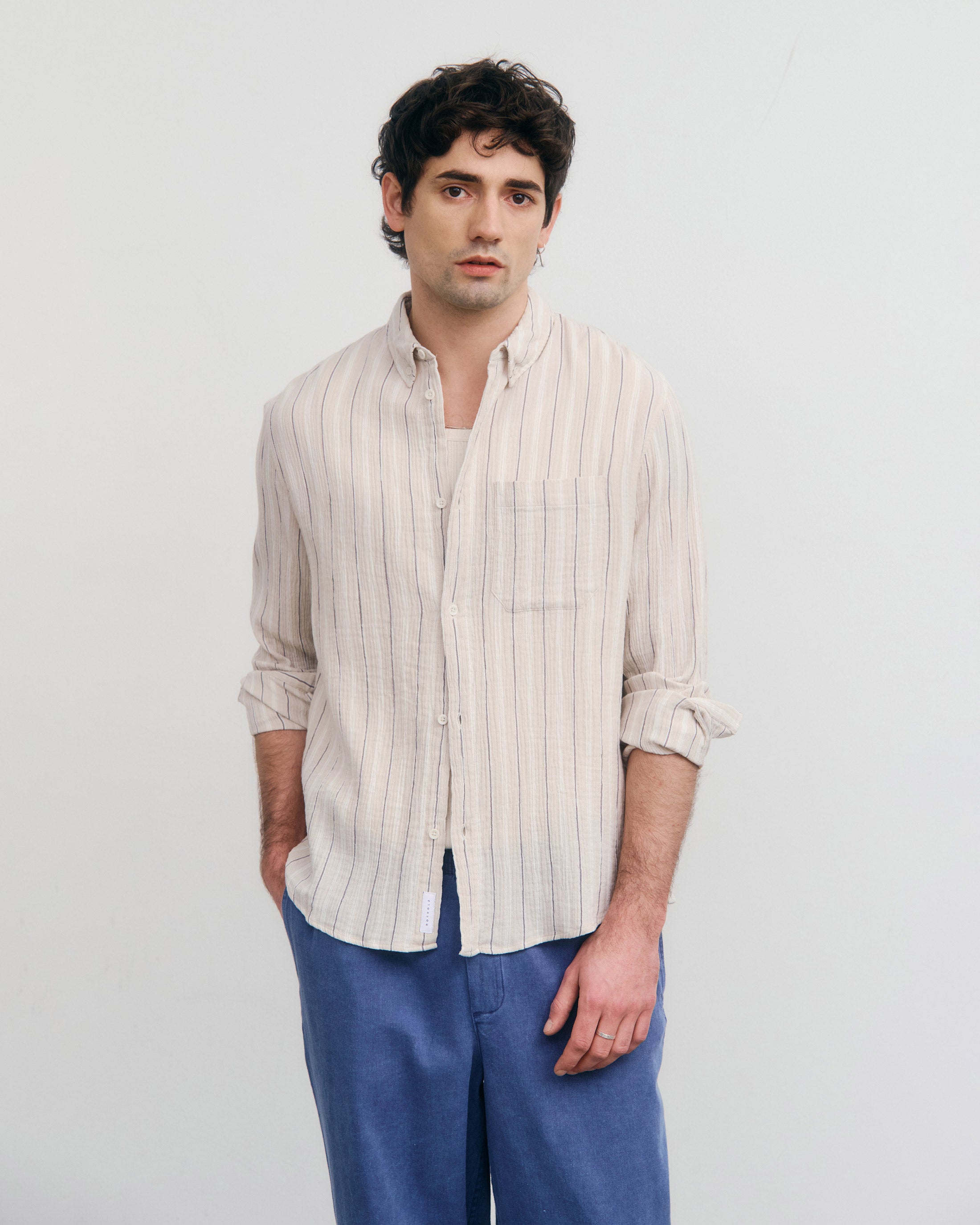 Rotholz men vegan Shirt Muslin Beige Stripe