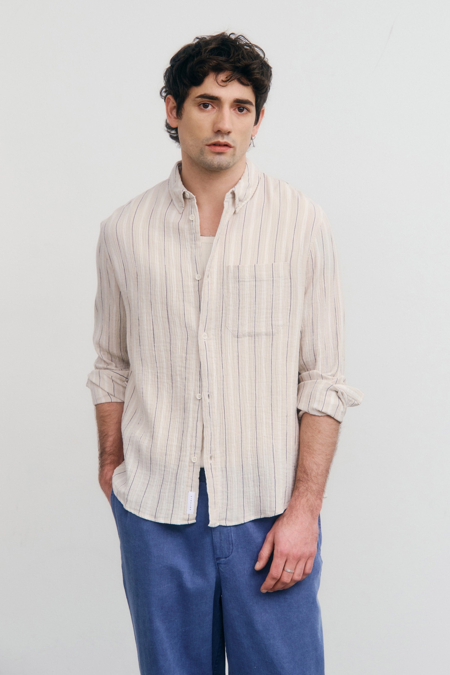 Rotholz Herren vegan Hemd Musselin Beige Gestreift