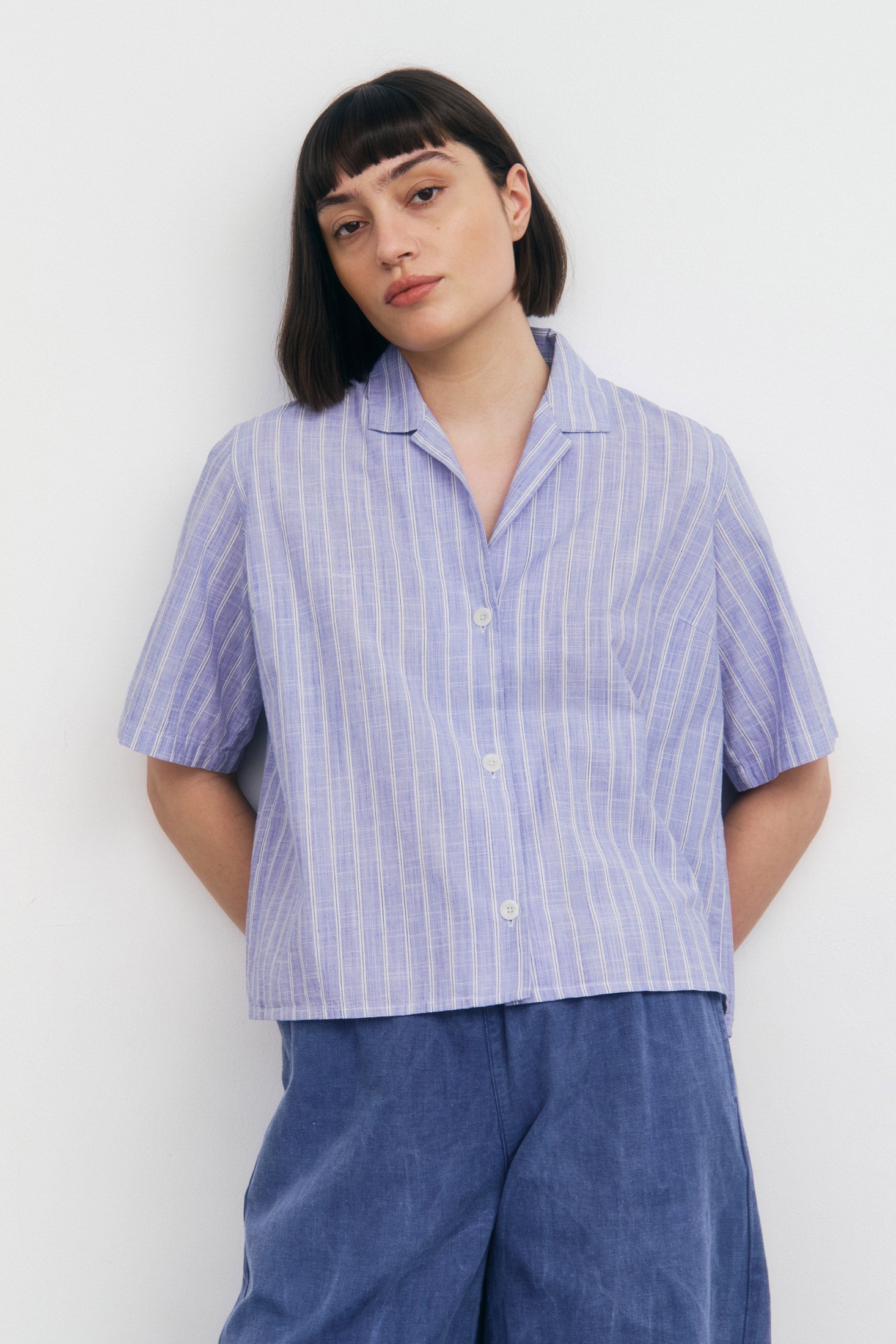 Image of Rotholz dames vegan Bowlingshirt Met Blauwe Strepen