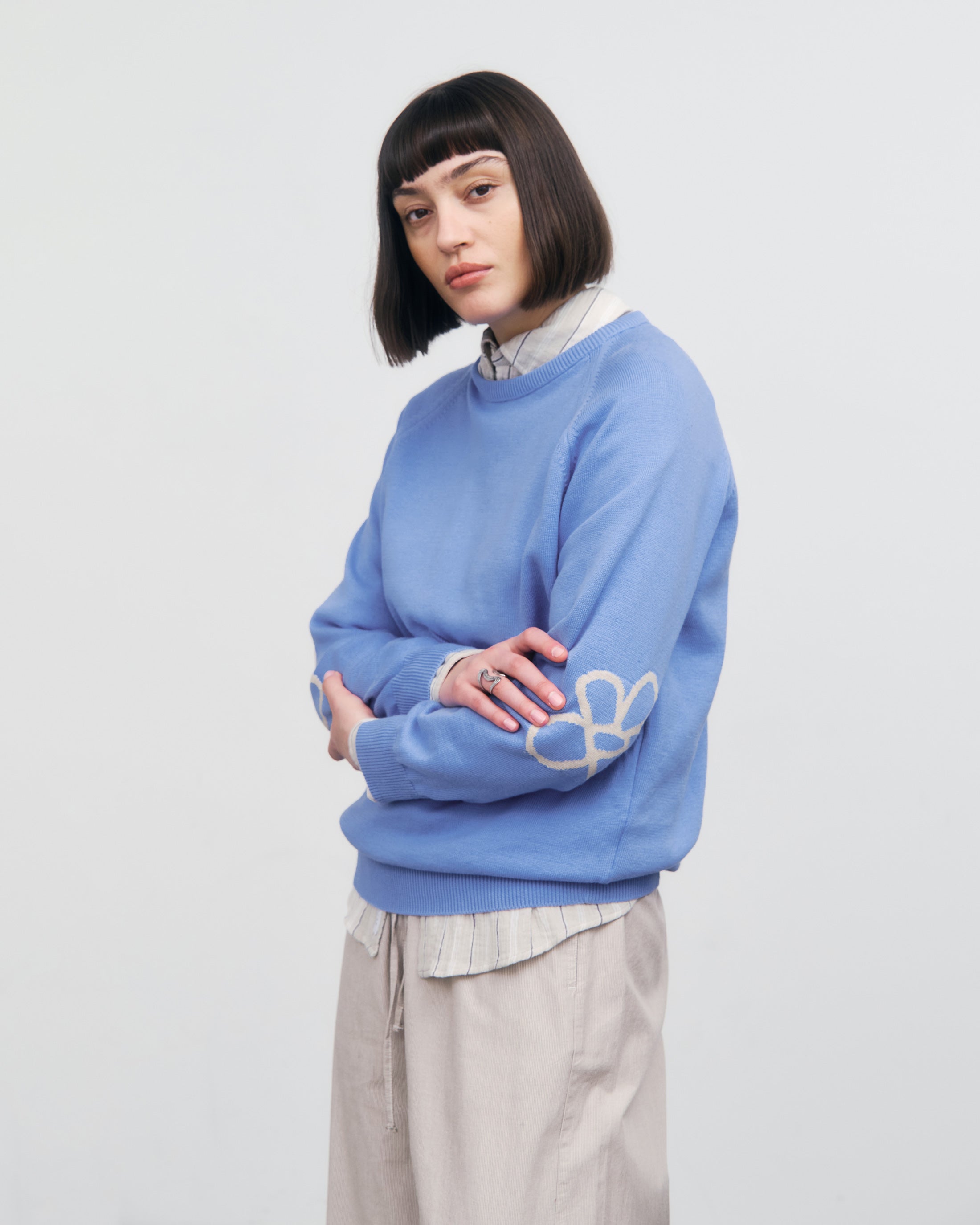 Rotholz womens vegan Knit Sweater Flower Blue