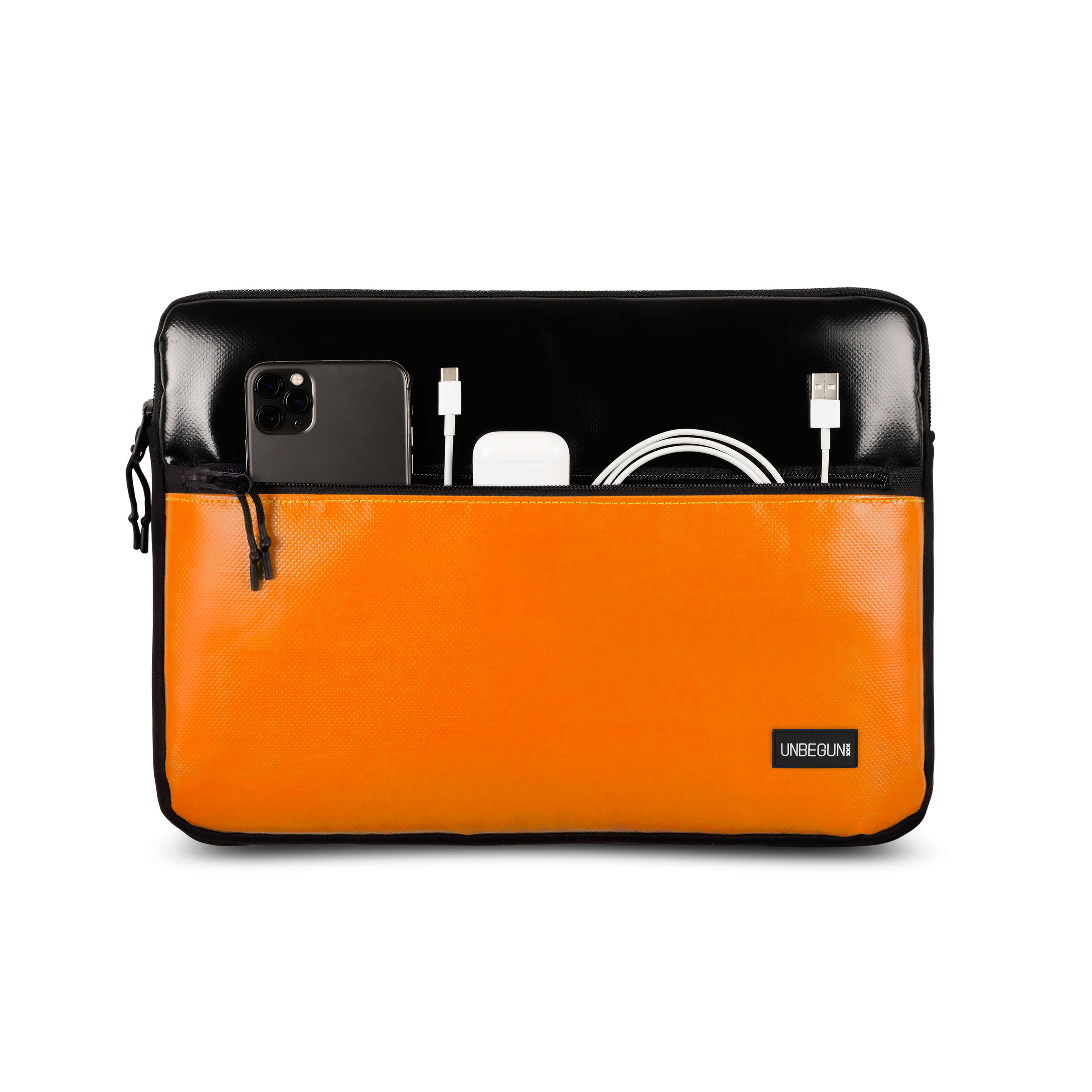 UNBEGUN men vegan Laptop Sleeve With Front Pocket Black/ Orange