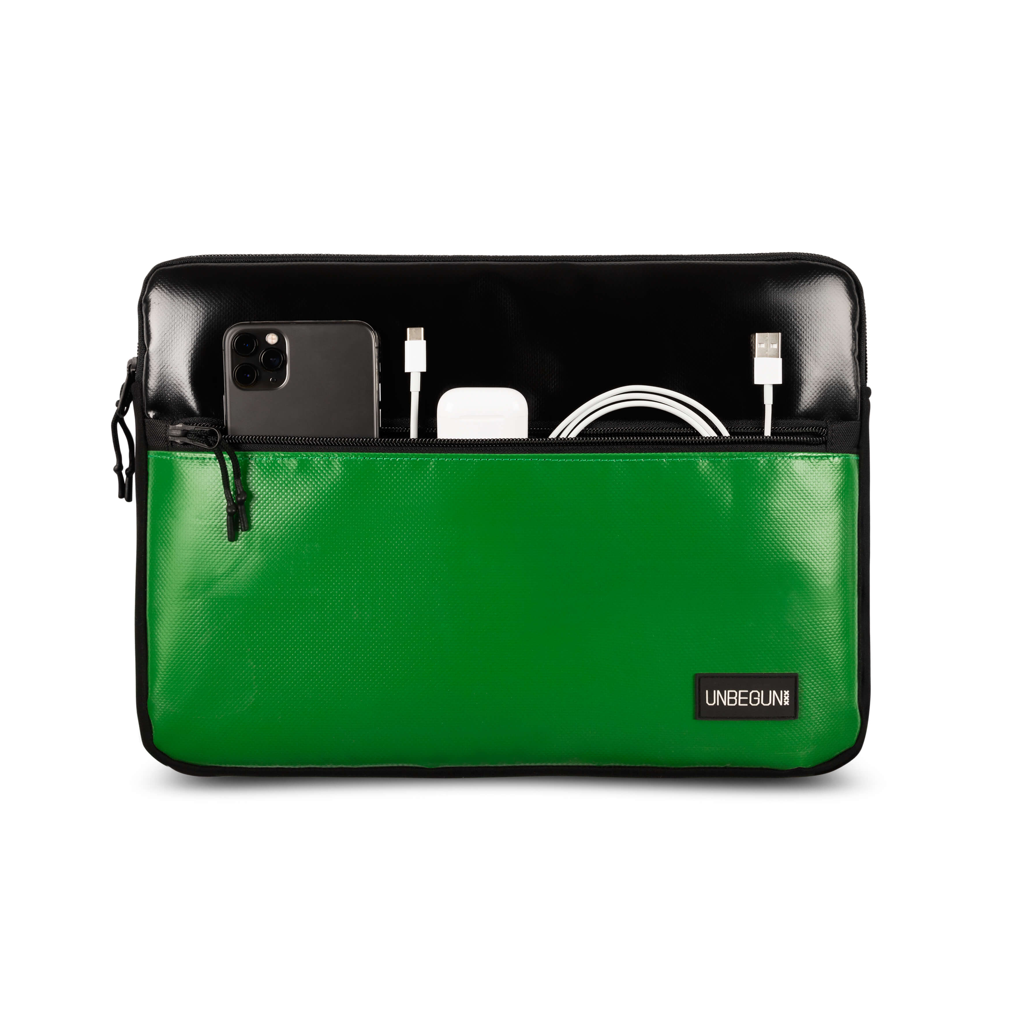 UNBEGUN men vegan Laptop Sleeve With Front Pocket Black/ Green
