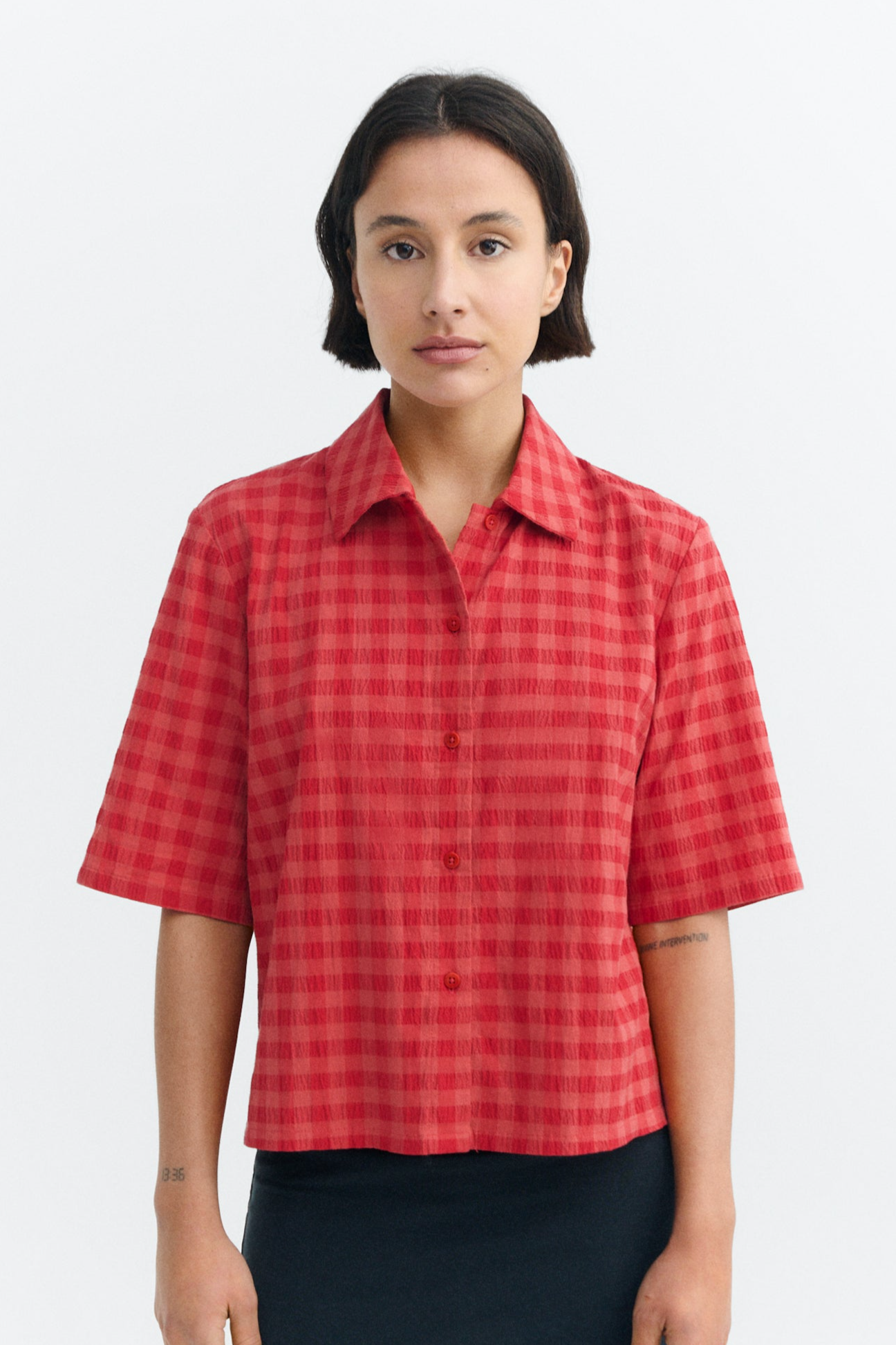 Image of Thinking MU dames vegan Blouse Seersucker Ane Rood