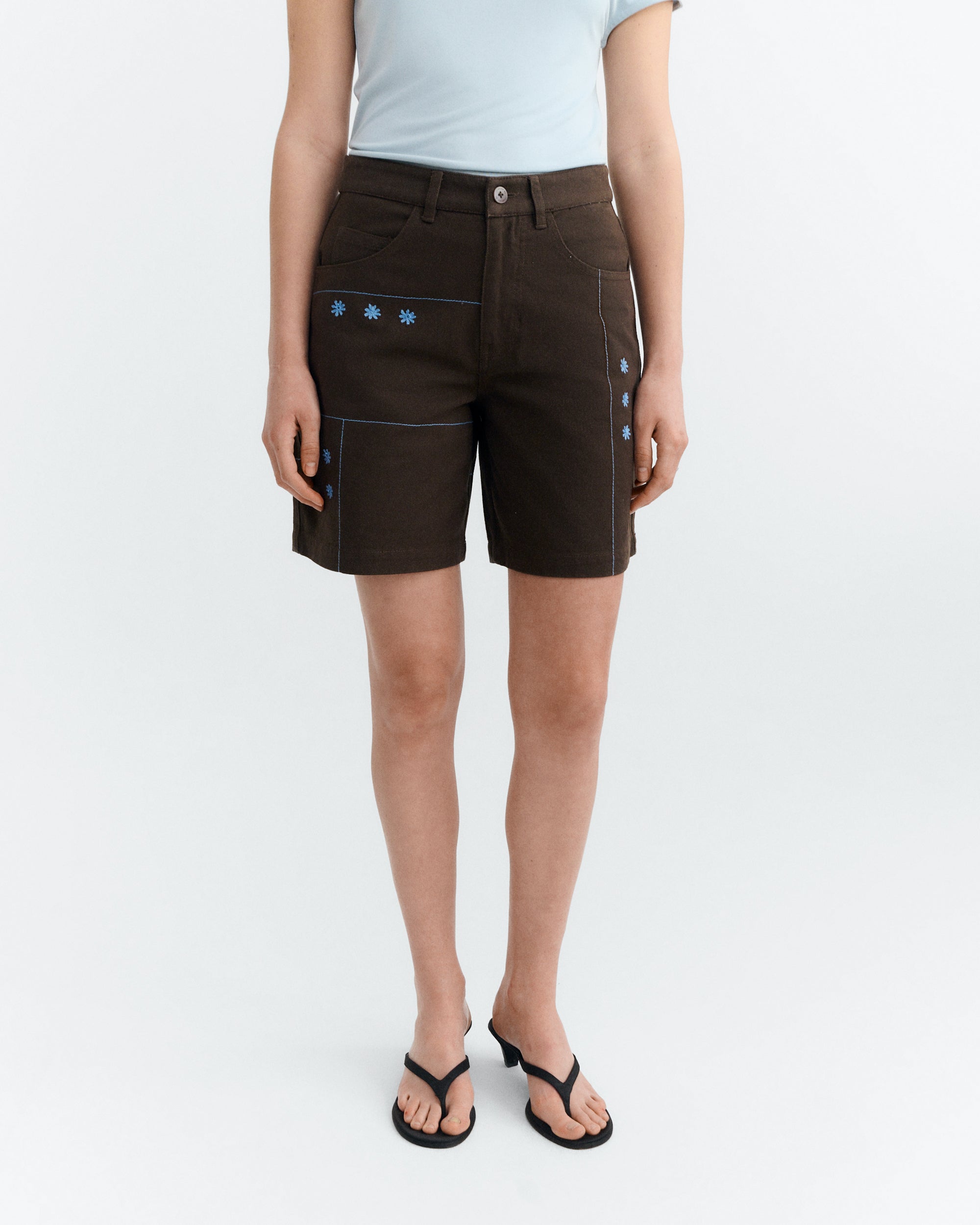 Thinking MU womens vegan Shorts Hand Embroidered Sole Mio Luisa Brown