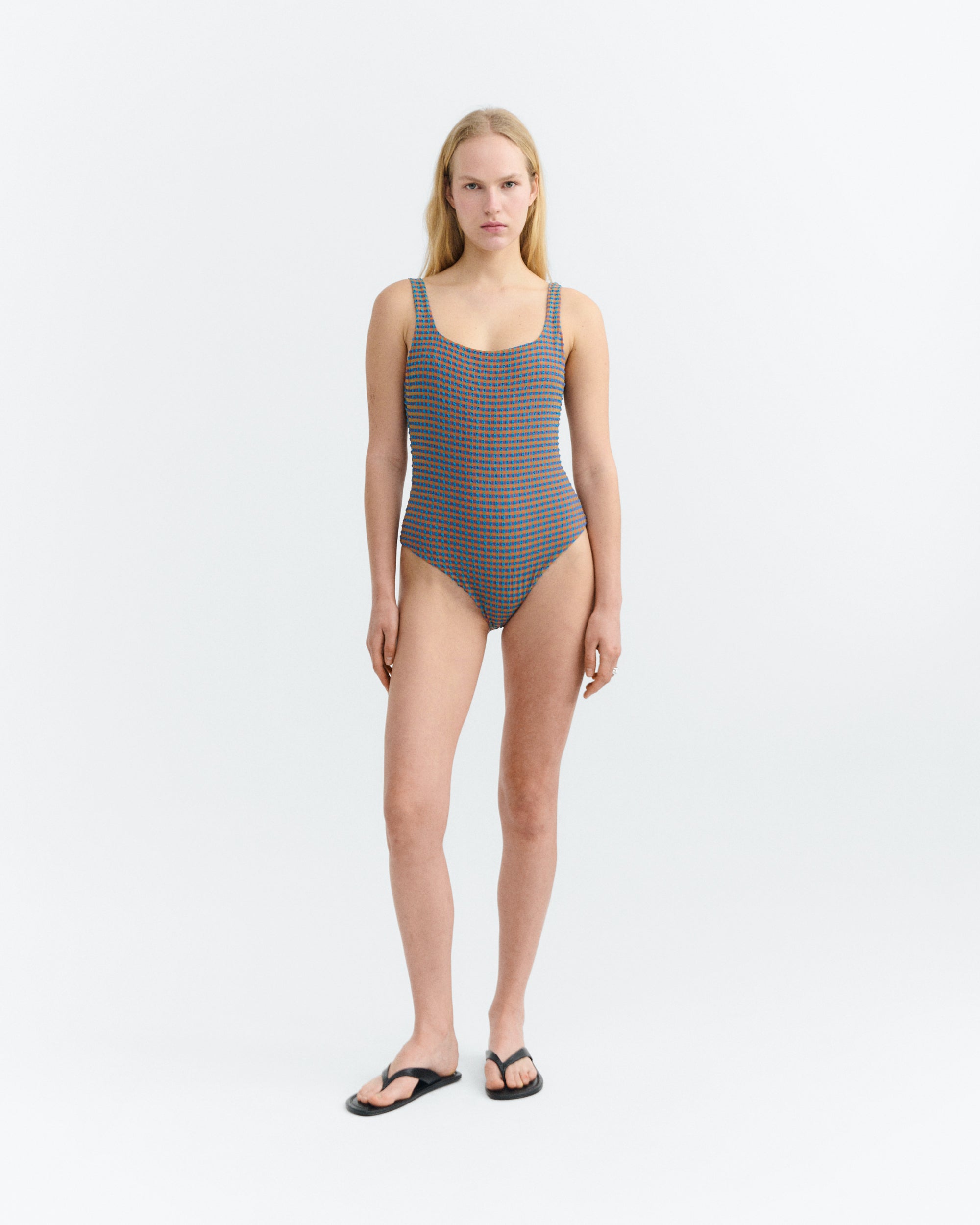 Thinking MU womens vegan Swimsuit Amalfi Seersucker Orange/ Blue