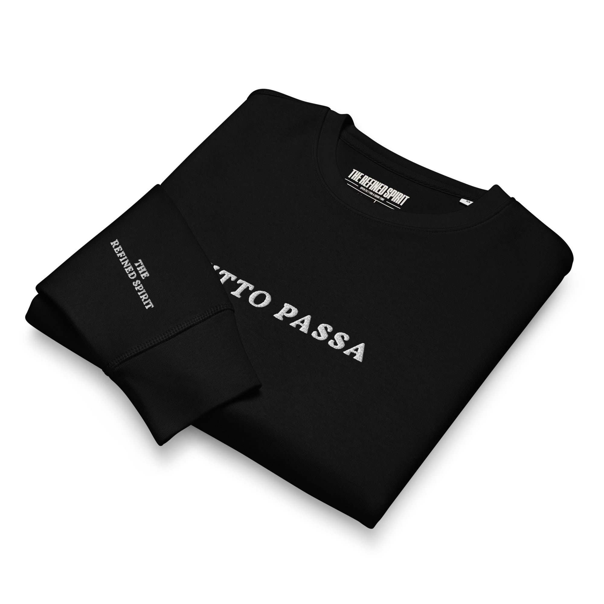 The Refined Spirit womens vegan Sweatshirt Unisex Tutto Passa Embroidered Black