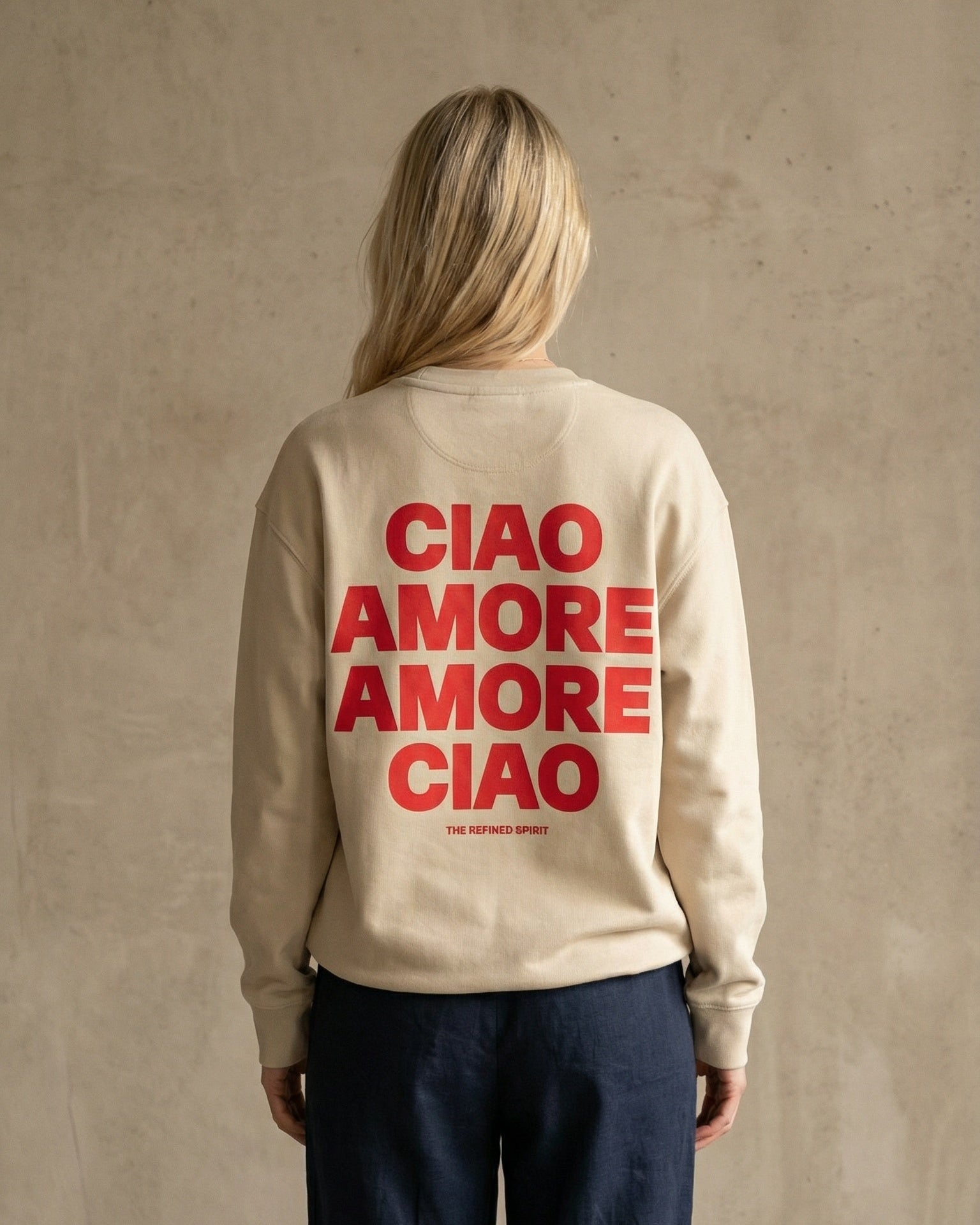 The Refined Spirit womens vegan Sweatshirt Unisex Amore Ciao Desert Dust