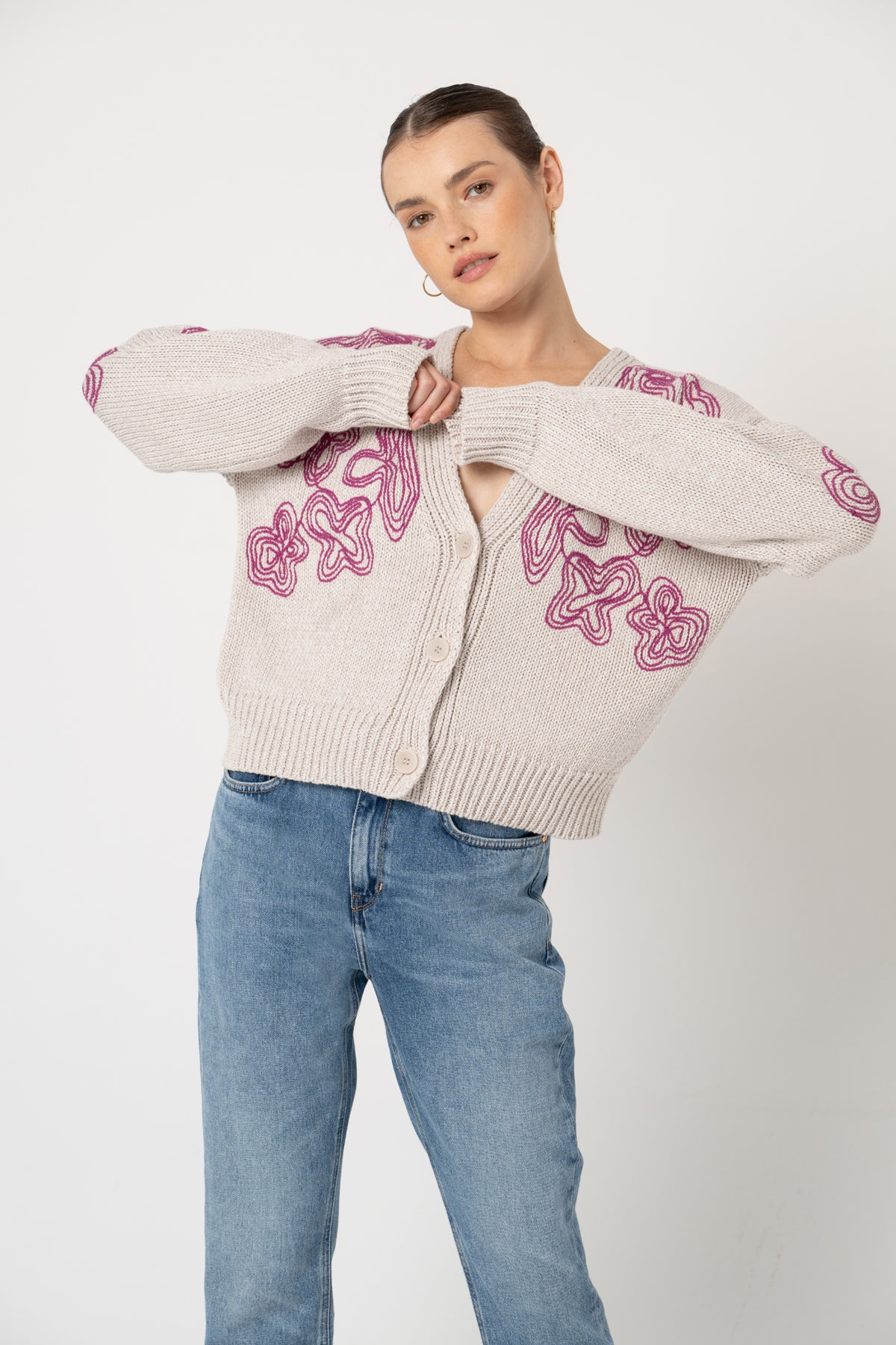 Image of LOVJOI dames vegan Cardigan Leylah Ecru Fuchsia