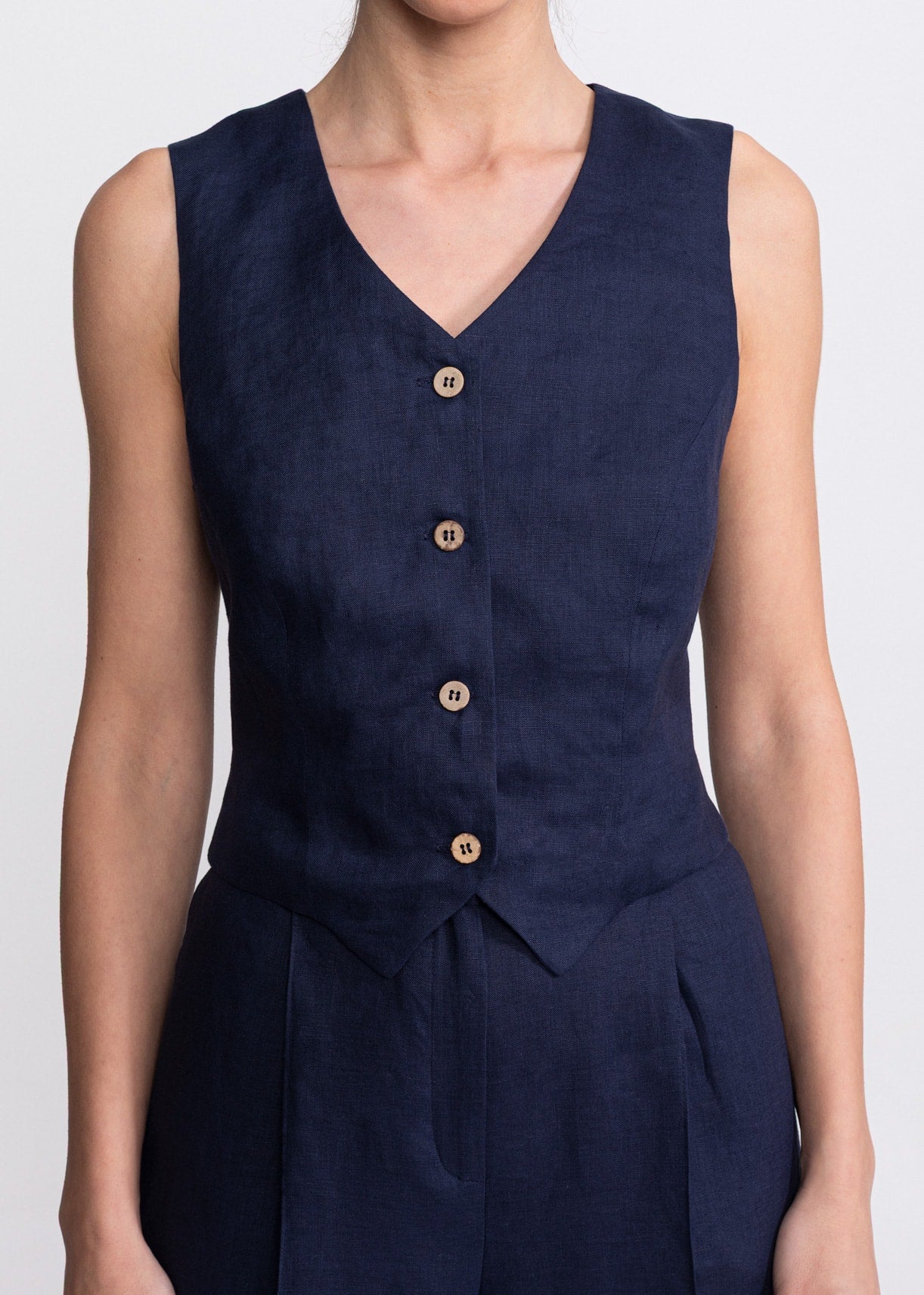 De IONESCU womens vegan Waistcoat Figa Linen Navy Blue