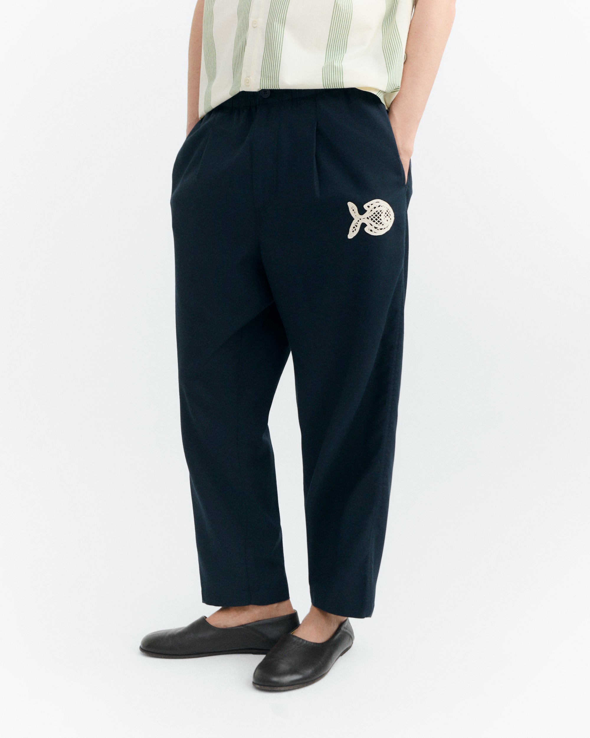 Thinking MU men vegan Pants Marcelo Fish Hand Embroidered Navy