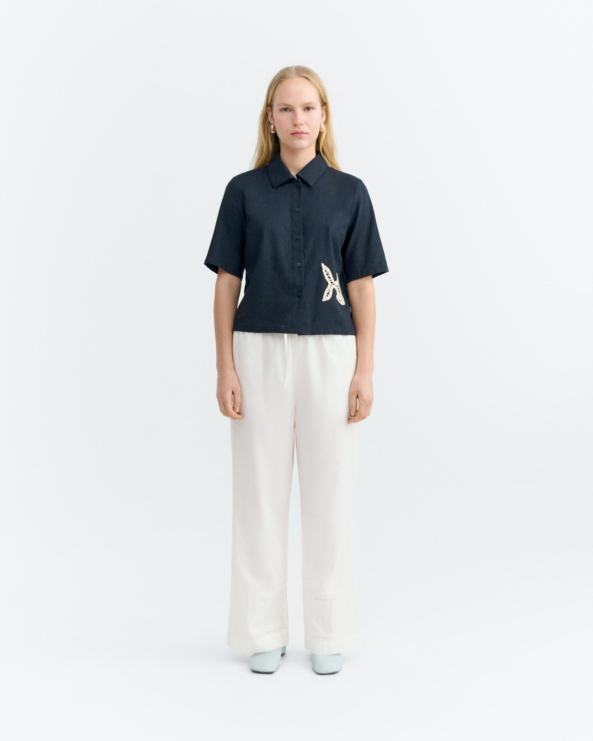 Thinking MU womens vegan Blouse Ane Hand Embroidered Navy