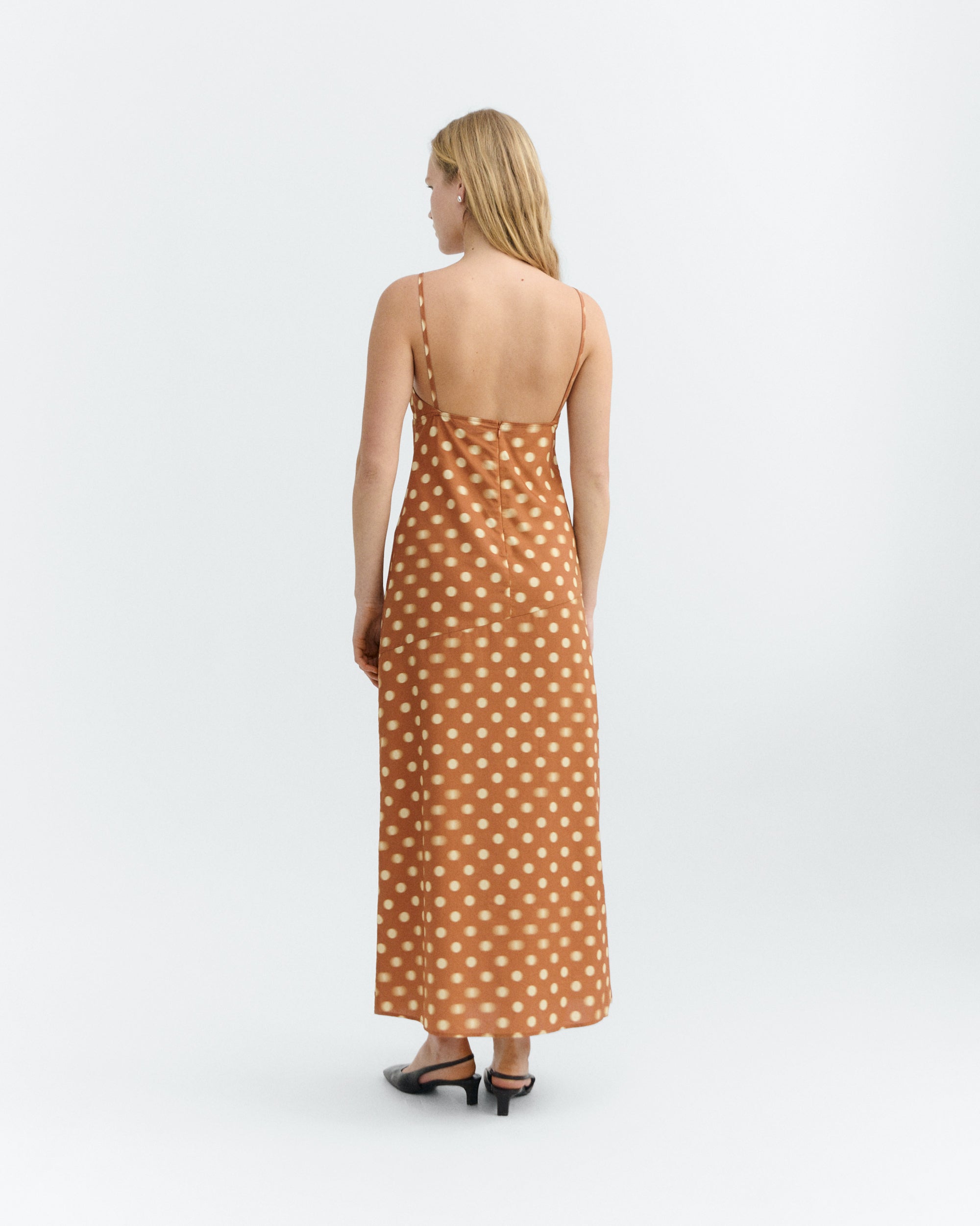 Thinking MU womens vegan Maxi Dress Dina Brown Polka Dots