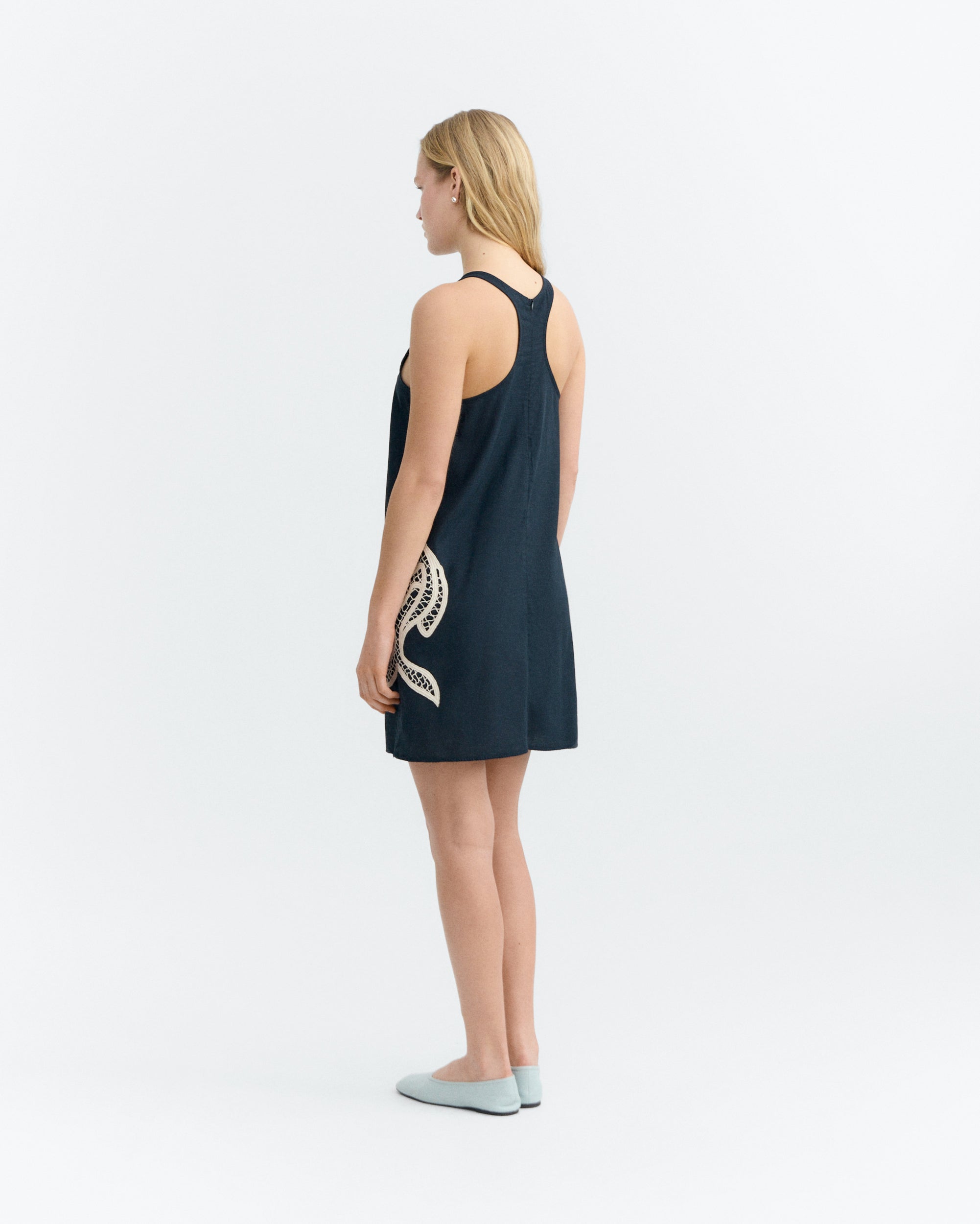 Thinking MU womens vegan Short Dress Aniela Hand Embroidered Navy