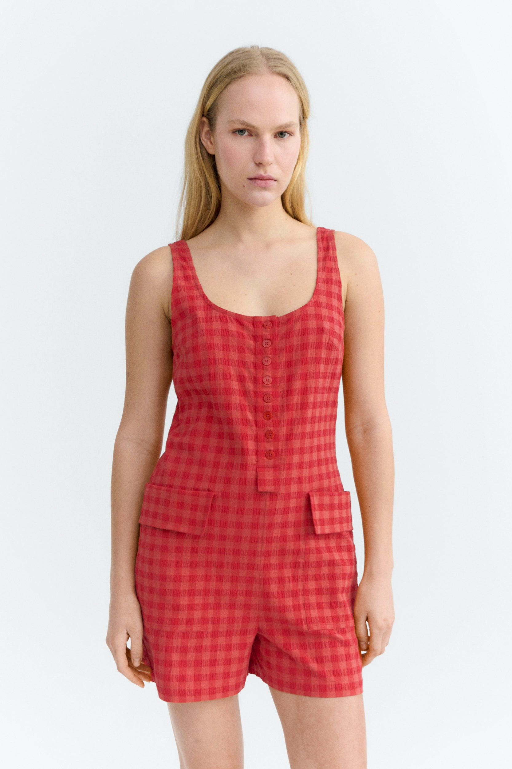 Thinking mu Damen vegan Jumpsuit Seersucker Maud Rot