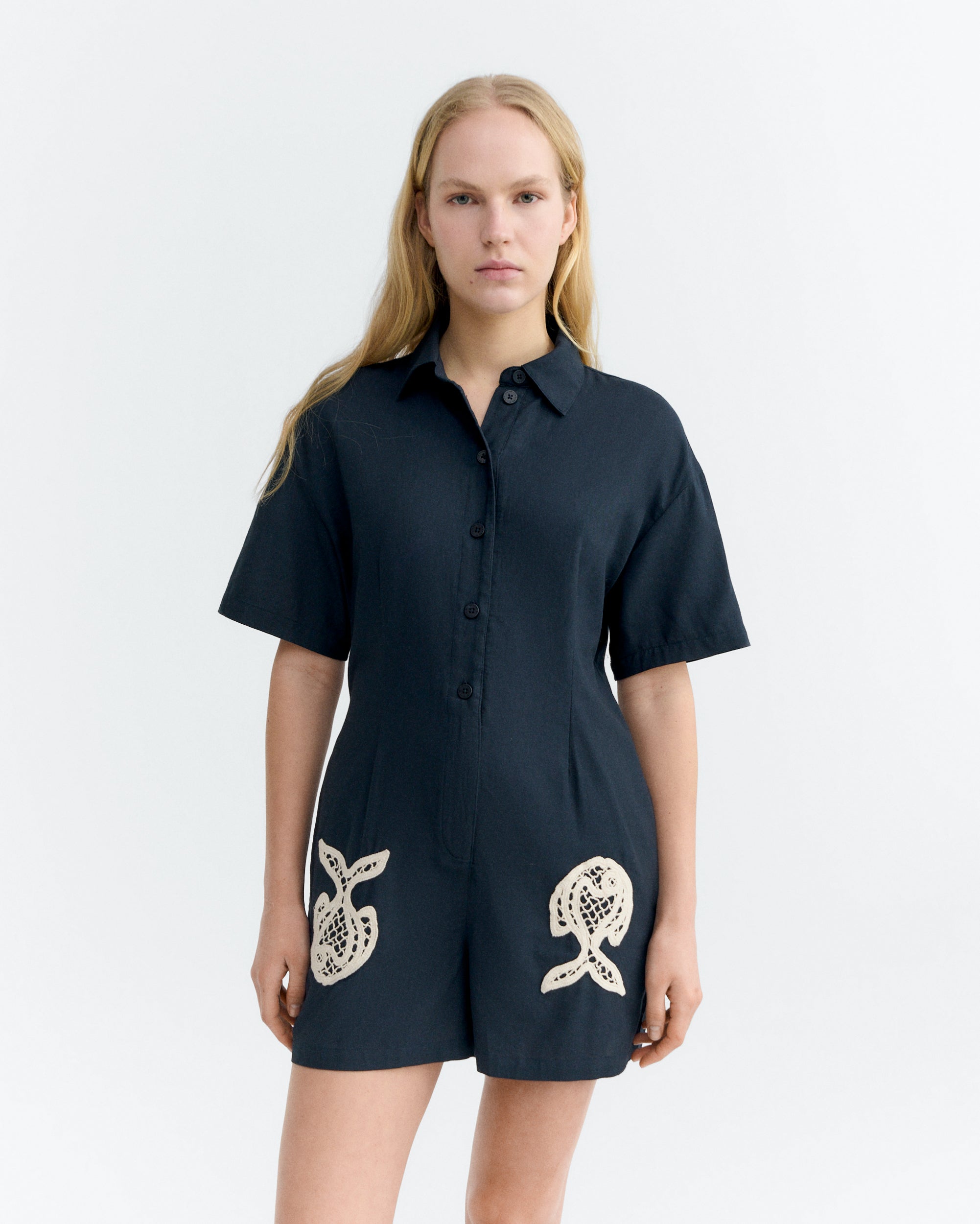 Thinking MU womens vegan Jumpsuit Hand Embroidered Roberta Navy