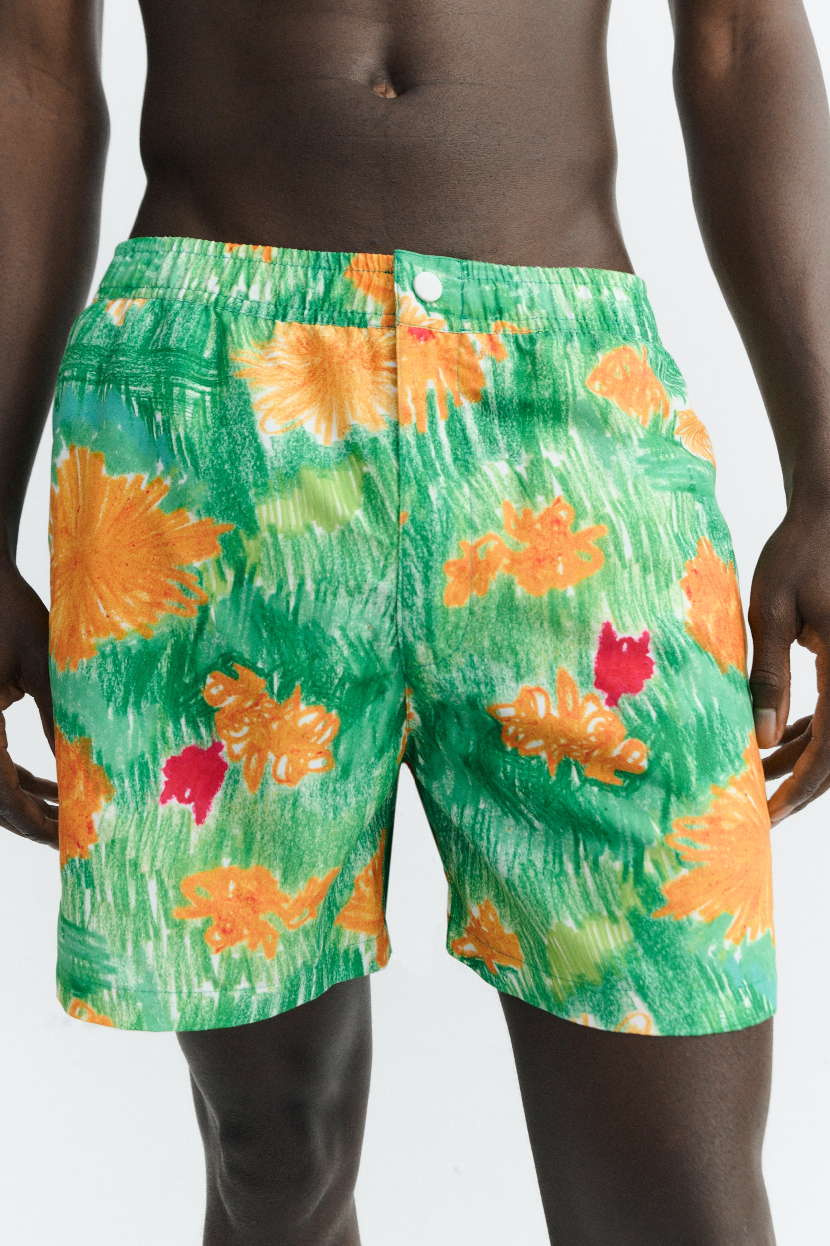 Thinking MU men vegan Shorts Swimwear Liu Crayon Flowers Green