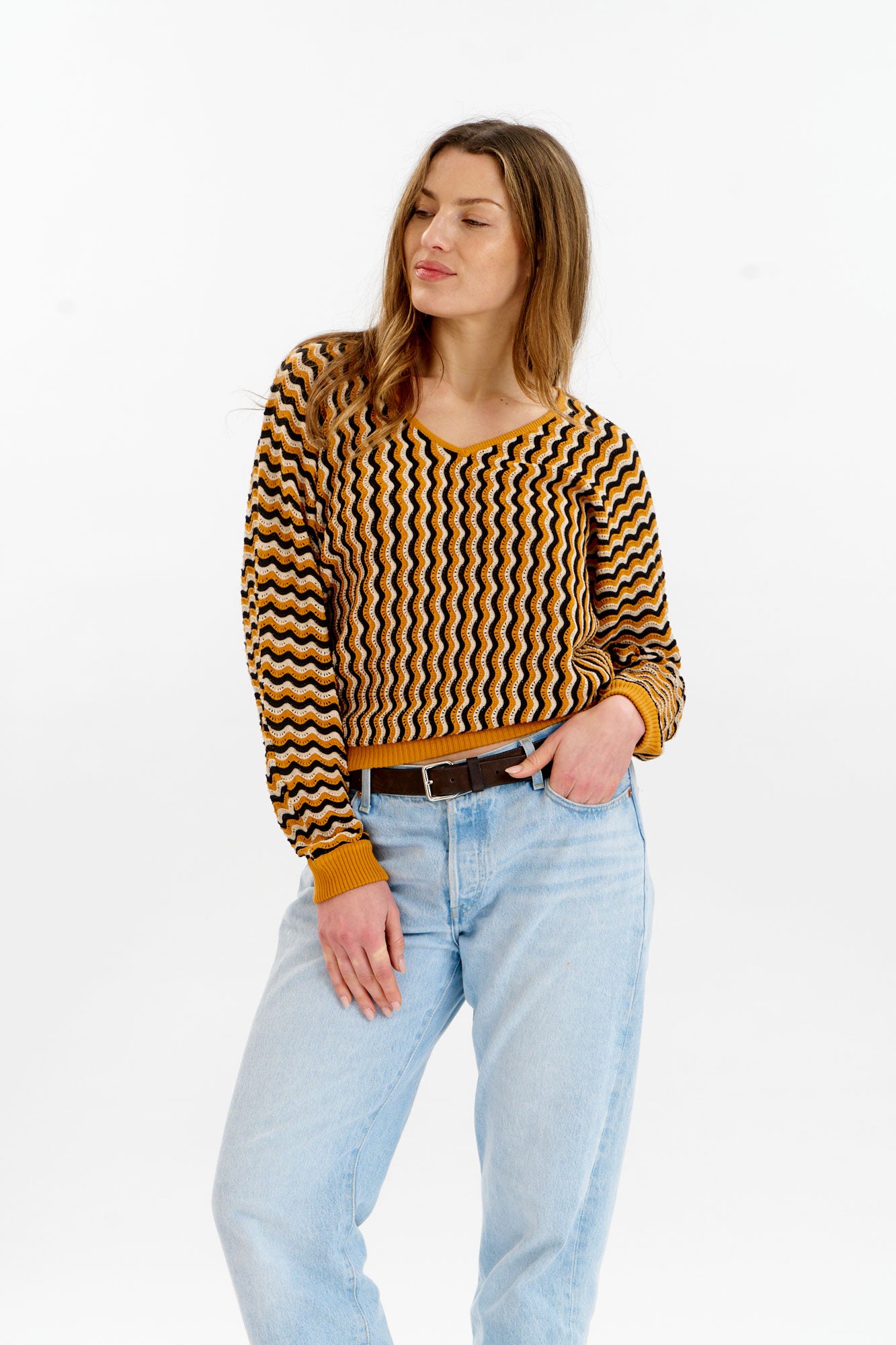 KOMODO Damen vegan Pullover Clover Pointelle Senf