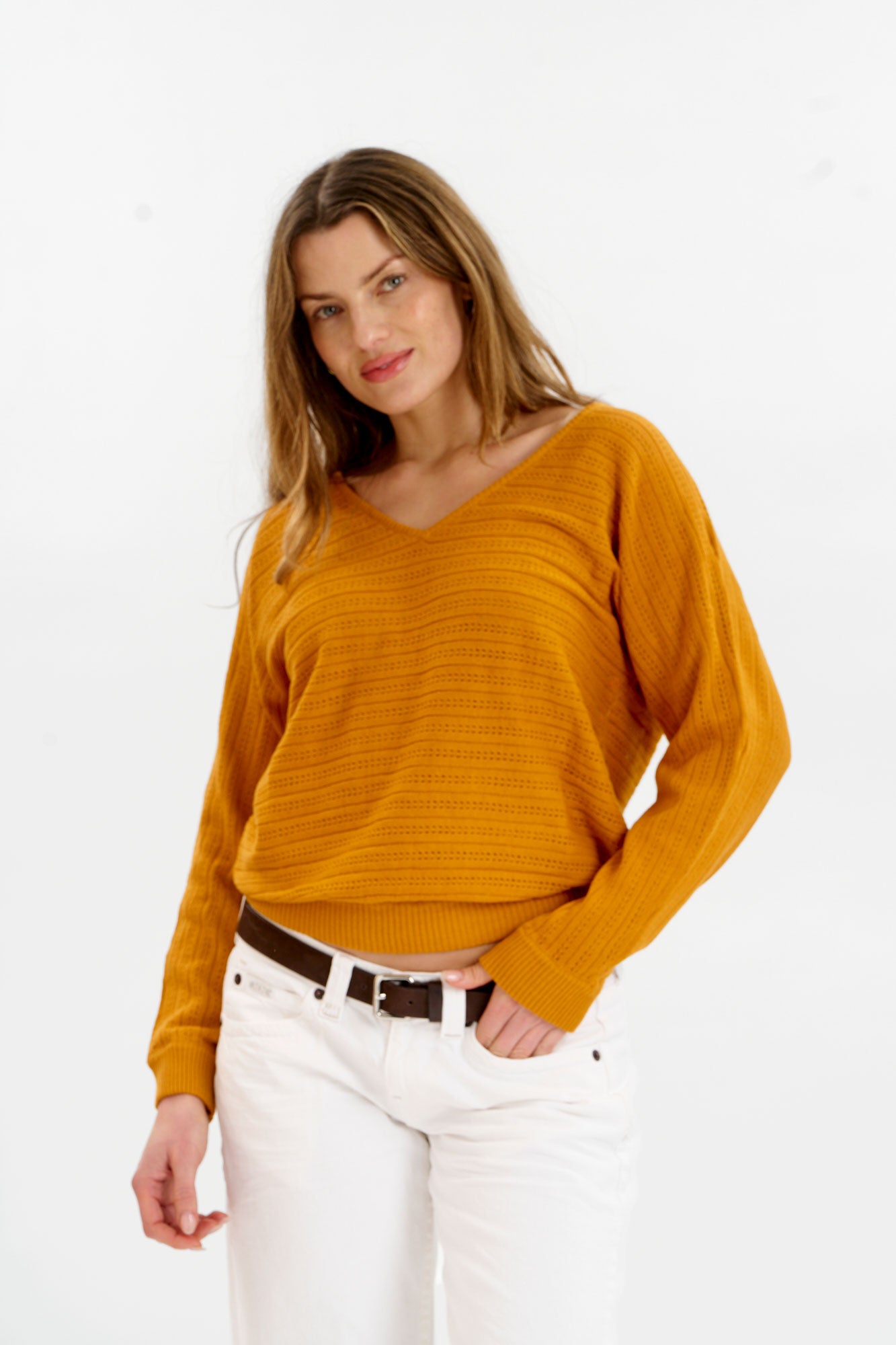 KOMODO Damen vegan Pullover Pia Pointelle Senf