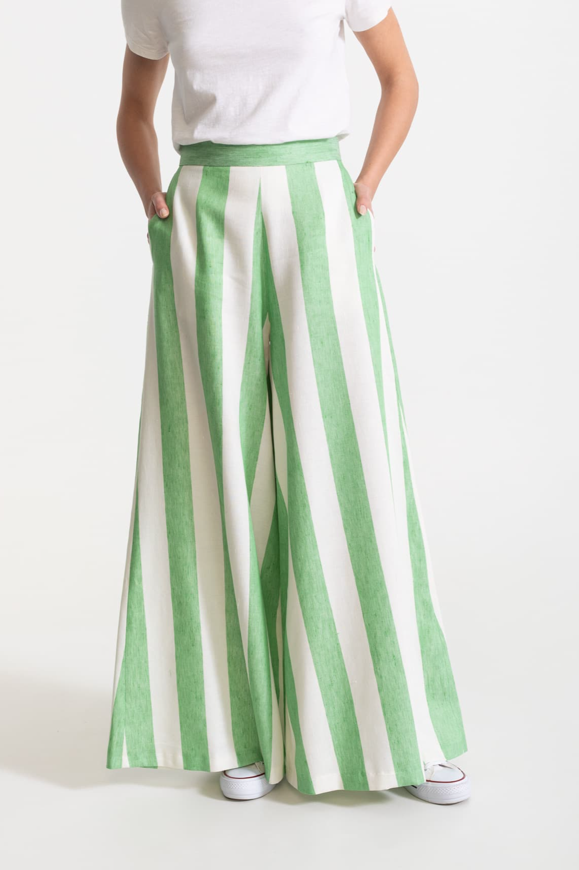 De IONESCU Damen vegan Hose Palazzo Leinen Limonengr&Atilde;&frac14;n Gestreift